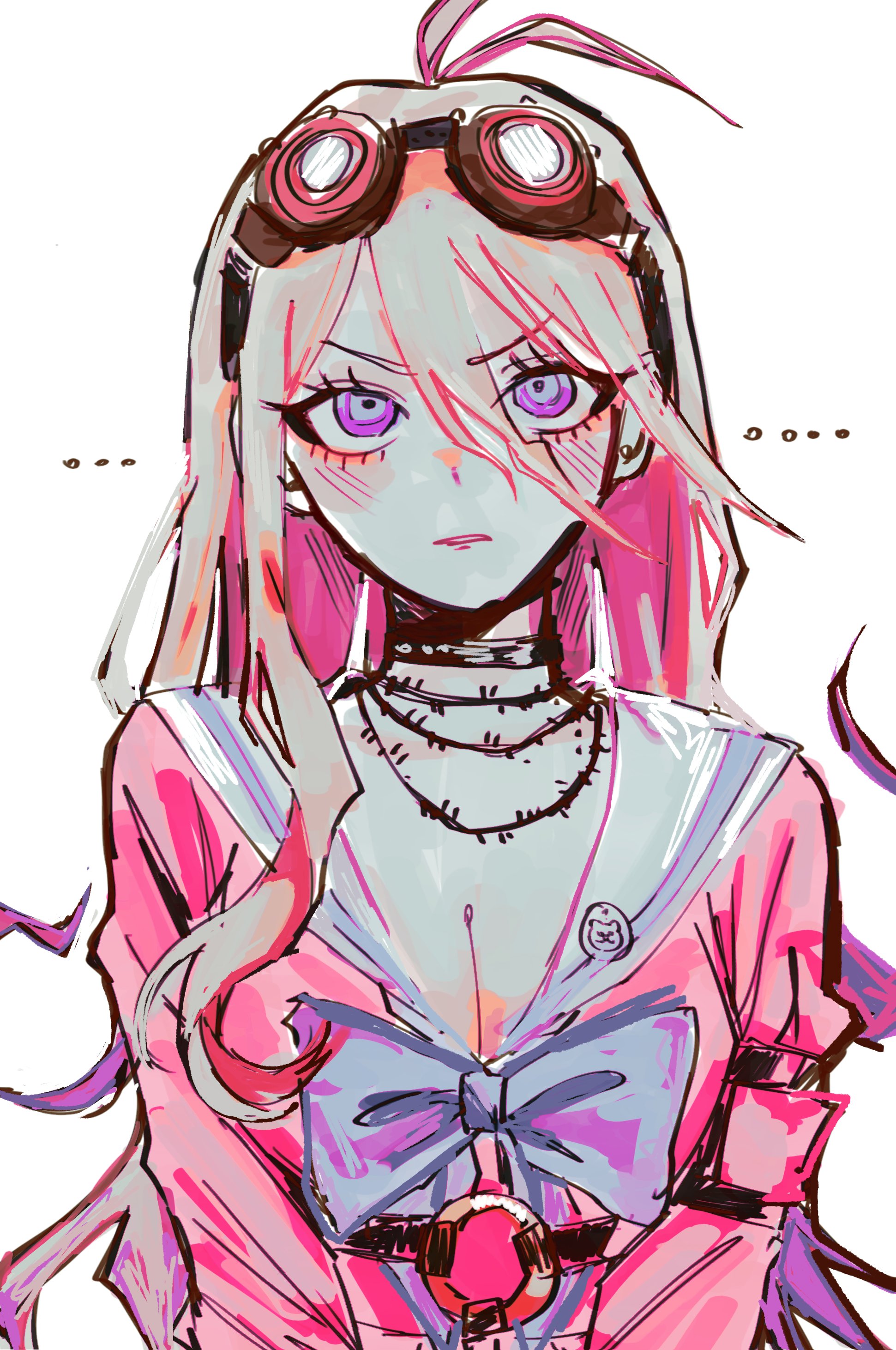ff9900, iruma miu, danganronpa (series), danganronpa v3: killing harmony, absurdres, commentary, english commentary, highres, …, 1girl, antenna hair, barbed wire, belt, blonde hair, blue bow, blue bowtie, blue eyes, blush, bow, bowtie, breasts, choker, eyelashes, goggles, goggles on head, hair between eyes, large breasts, long hair, long sleeves, looking up, o-ring, o-ring belt, pink serafuku, pink shirt, pink theme, purple eyes, ringed eyes, sailor collar, school uniform, serafuku, shirt, upper body, very long hair, wavy hair