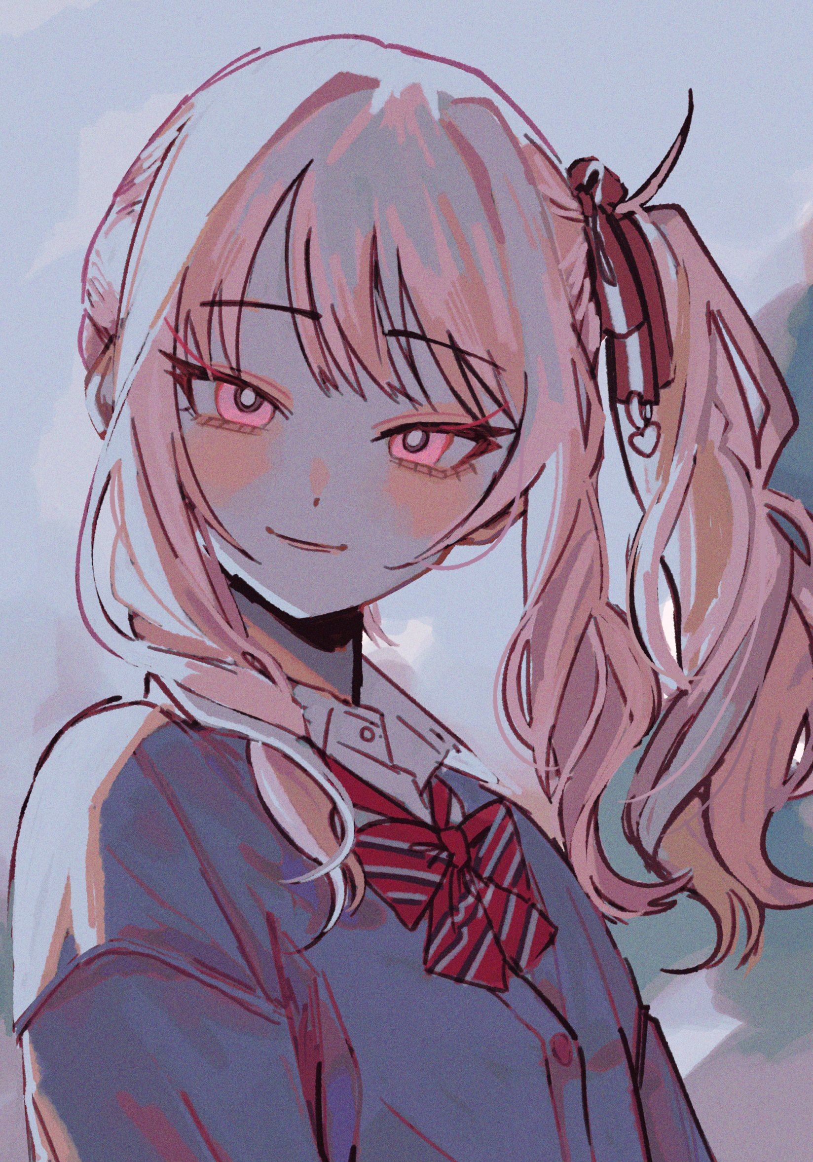 ff9900, akiyama mizuki, project sekai, commentary, english commentary, highres, 1other, blush, bow, cardigan, closed mouth, collared shirt, eyelashes, from side, glowing, glowing eyes, grey background, long hair, long sleeves, looking at viewer, other focus, pink eyes, pink hair, portrait, ribbon, school uniform, shirt, side ponytail, sidelighting, sidelocks, smile, solo