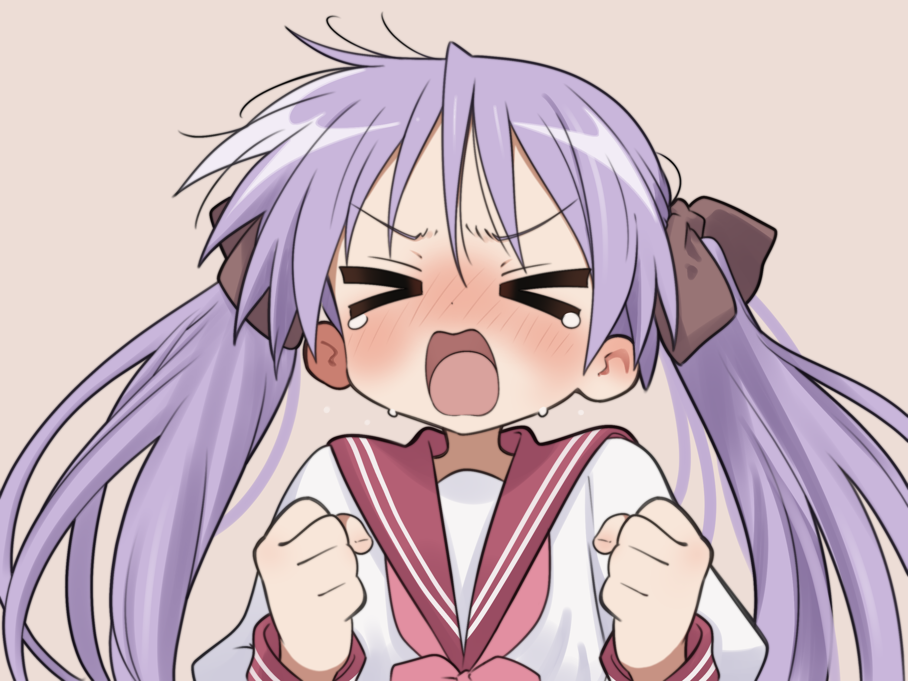 rahime, hiiragi kagami, lucky star, commentary, english commentary, highres, > <, 1girl, angry, blush, bow, bowtie, brown bow, clenched hands, ear blush, facing viewer, floating hair, hair between eyes, hair bow, hands up, long hair, long sleeves, nose blush, open mouth, pink bow, pink bowtie, purple hair, red sailor collar, sailor collar, school uniform, serafuku, shirt, simple background, solo, twintails, upper body, v-shaped eyebrows, white shirt, yellow background