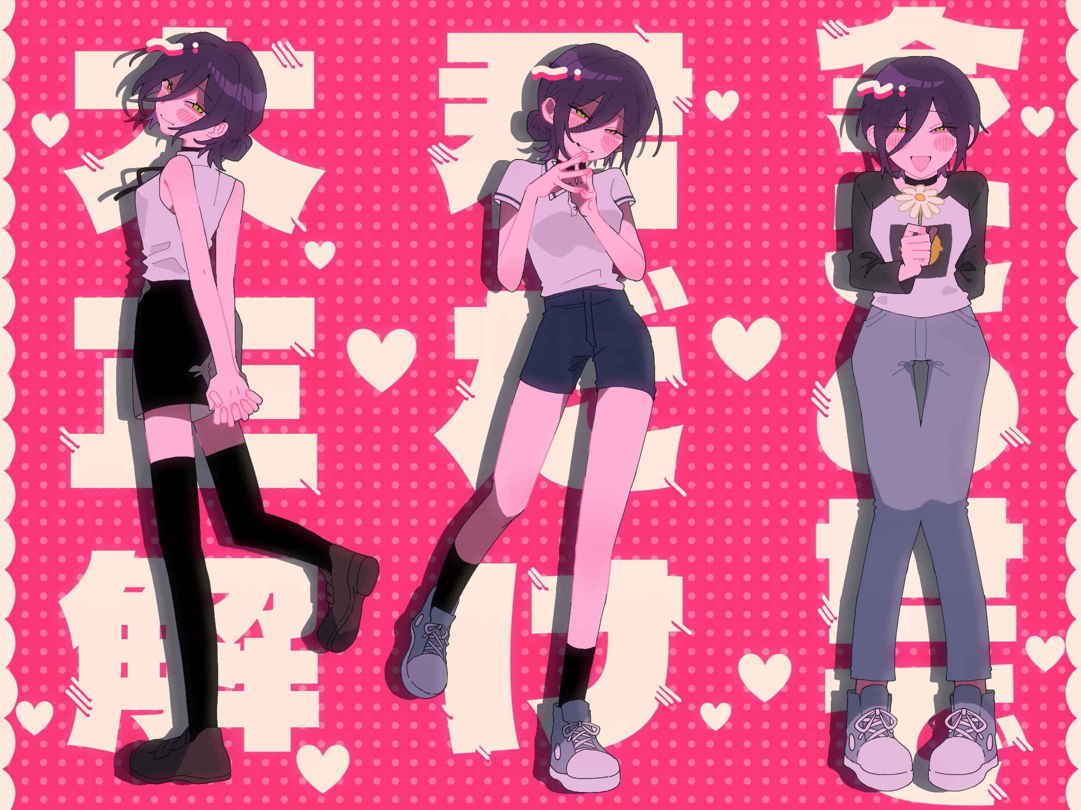 kuzyaku, reze (chainsaw man), chainsaw man, highres, 1girl, arms behind back, bare shoulders, black choker, black ribbon, black shorts, black sleeves, black socks, black thighhighs, blue shorts, blush, breasts, brown shoes, choker, closed eyes, closed mouth, collared shirt, flower, full body, green eyes, grey pants, grey shoes, hair between eyes, hair bun, holding, holding flower, long sleeves, looking at viewer, medium breasts, multiple views, neck ribbon, open mouth, own hands clasped, own hands together, pants, parted lips, pink background, print shirt, purple hair, ribbon, shirt, shoes, short sleeves, shorts, sleeveless, sleeveless shirt, smile, sneakers, socks, thighhighs, updo, white shirt