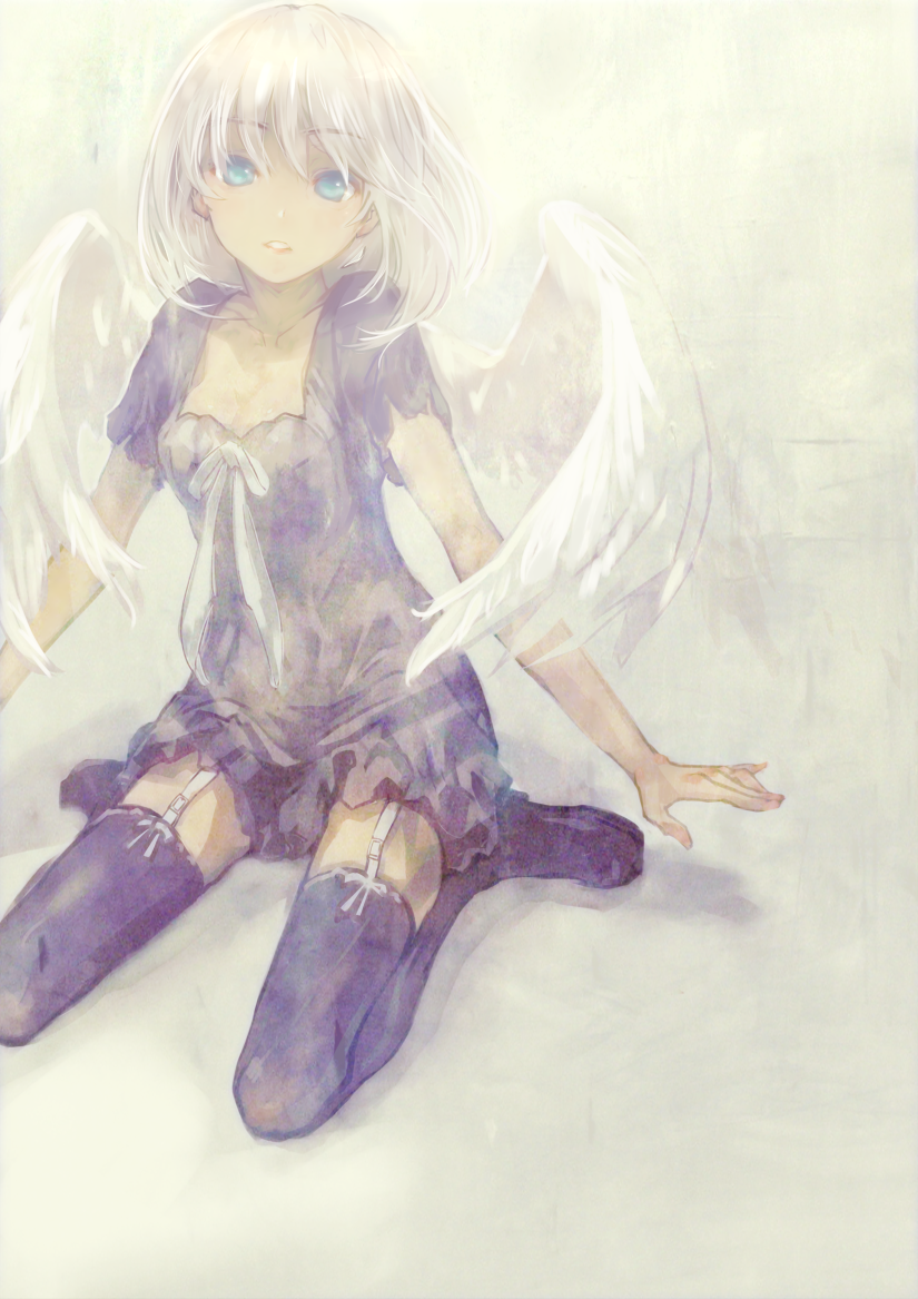 nimirom, original, commentary request, 1girl, black shoes, blue dress, blue eyes, blue thighhighs, breasts, cleavage, collarbone, dress, feathered wings, garter straps, head tilt, looking at viewer, medium breasts, medium hair, on floor, outstretched arms, parted lips, ribbon, shoes, short dress, short sleeves, simple background, sitting, solo, thighhighs, turning head, wariza, white background, white garter straps, white hair, white ribbon, white wings, wings, zettai ryouiki