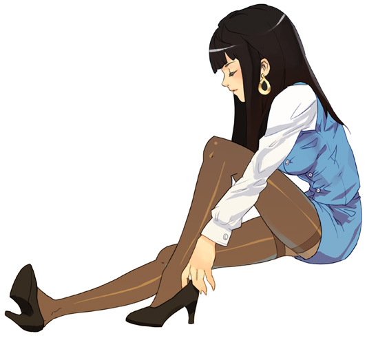 natsuhara, 1girl, adjusting clothes, adjusting shoe, black hair, earrings, female focus, high heels, jewelry, legs, lips, long hair, office lady, pantyhose, pencil skirt, shoes, sitting, skirt, solo, vest