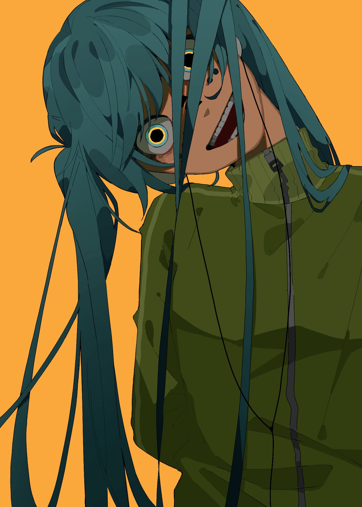 kuzyaku, hatsune miku, vocaloid, highres, 1girl, aqua eyes, aqua hair, arms behind back, facial mark, green jacket, hair between eyes, jacket, long hair, looking at viewer, multicolored eyes, open mouth, orange background, smile, solo, track jacket, twintails, two-tone eyes, upper body, yellow eyes, zipper pull tab