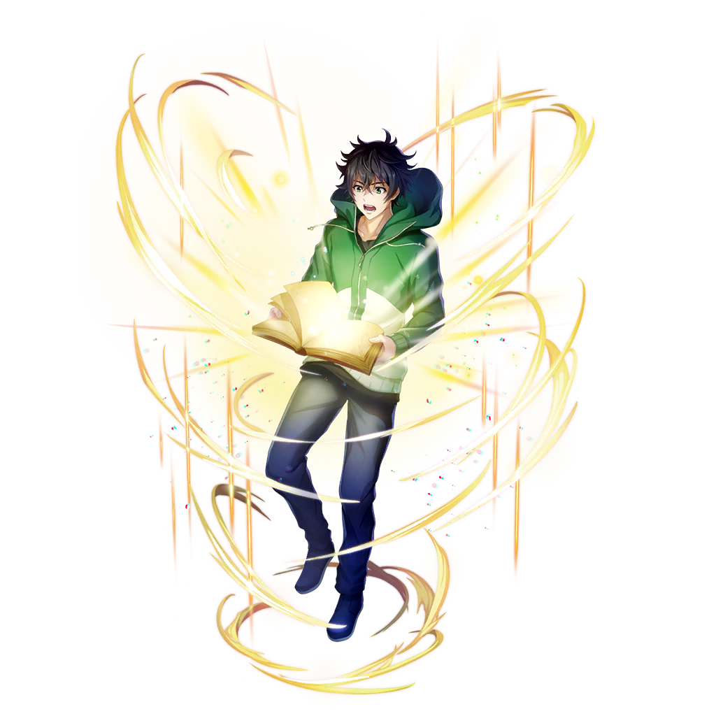 iwatani naofumi, tate no yuusha no nariagari, tate no yuusha no nariagari rerise, artist request, game cg, official art, 1boy, aura, black boots, black hair, black pants, book, boots, casual, collarbone, full body, glowing object, green eyes, green jacket, hair between eyes, holding, holding book, hood, hood down, hooded jacket, jacket, looking at object, male focus, messy hair, open book, open mouth, pants, shirt, short hair, simple background, solo, surprised, teeth, transparent background, white jacket, white shirt