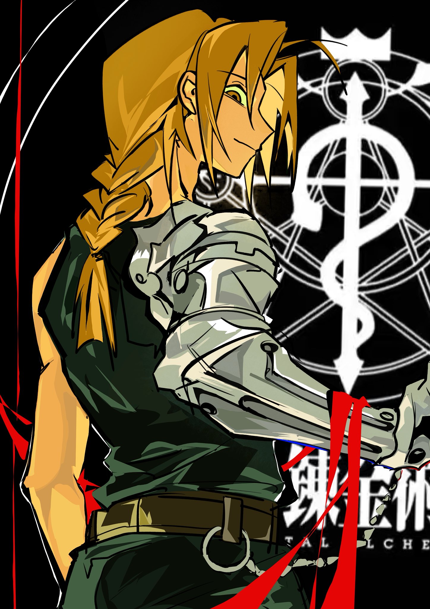 edward elric, fullmetal alchemist, highres, 1boy, ahoge, bailanlam, bare shoulders, belt, black pants, black shirt, black tank top, blonde hair, braid, brown belt, brown eyes, closed mouth, long hair, male focus, mechanical arms, pants, parted bangs, prosthesis, prosthetic arm, shirt, single braid, single mechanical arm, sleeveless, sleeveless shirt, solo, tank top, upper body