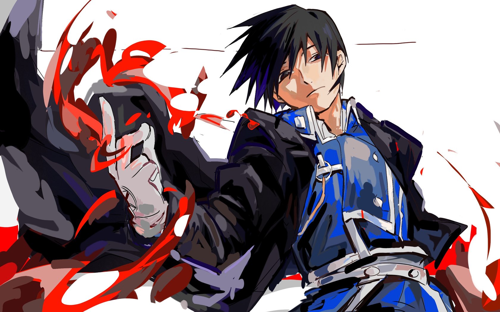 roy mustang, fullmetal alchemist, highres, 1boy, bailanlam, black coat, black eyes, black hair, blue jacket, closed mouth, coat, flaming hand, gloves, hair between eyes, jacket, light frown, male focus, military jacket, military uniform, short hair, sketch, solo, upper body, white background, white gloves