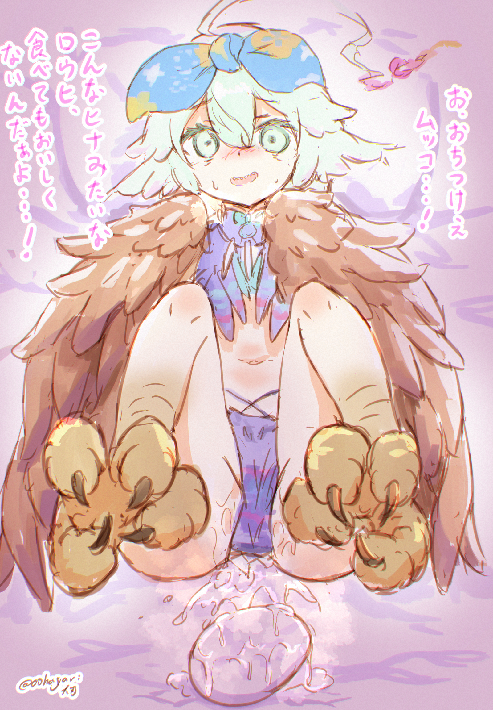 ooba jun, louhi (fate), louhi (first ascension) (fate), louhi (third ascension) (fate), fate/grand order, fate (series), commentary request, highres, translation request, 1girl, ahoge, artist name, bird legs, blue bow, blush, bow, breasts, brown feathers, brown wings, egg, egg laying, feather capelet, feathered wings, feathers, green eyes, hair bow, harpy, huge ahoge, jewelry, long hair, looking at viewer, monster girl, navel, necklace, on bed, open mouth, purple loincloth, pussy juice, sharp teeth, solo, talons, teeth, tooth necklace, winged arms, wings