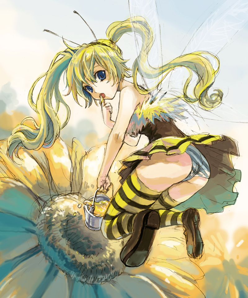 sage joh, original, bad id, bad pixiv id, 1girl, antennae, arthropod girl, ass, bee, bee girl, blonde hair, blue eyes, bucket, bug, fairy, female focus, flower, honey, insect, insect girl, long hair, mini person, minigirl, monster girl, panties, personification, solo, striped clothes, striped panties, striped thighhighs, thighhighs, twintails, underwear, wings