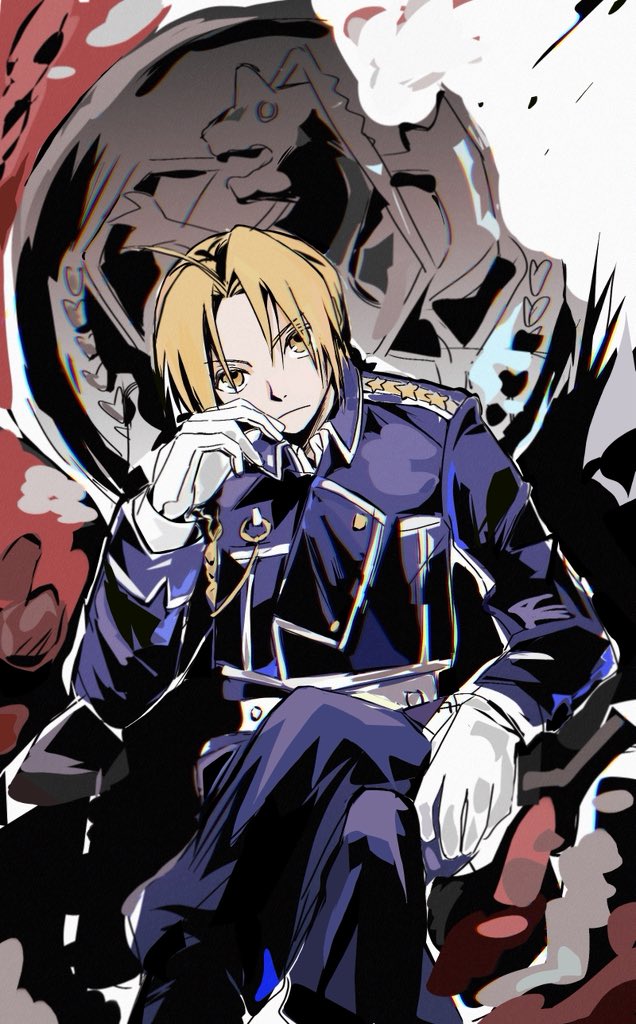 edward elric, fullmetal alchemist, 1boy, ahoge, bailanlam, blonde hair, blue jacket, blue pants, crossed legs, feet out of frame, gloves, jacket, looking at viewer, male focus, military jacket, military uniform, pants, parted bangs, sitting, sketch, solo, white gloves, yellow eyes