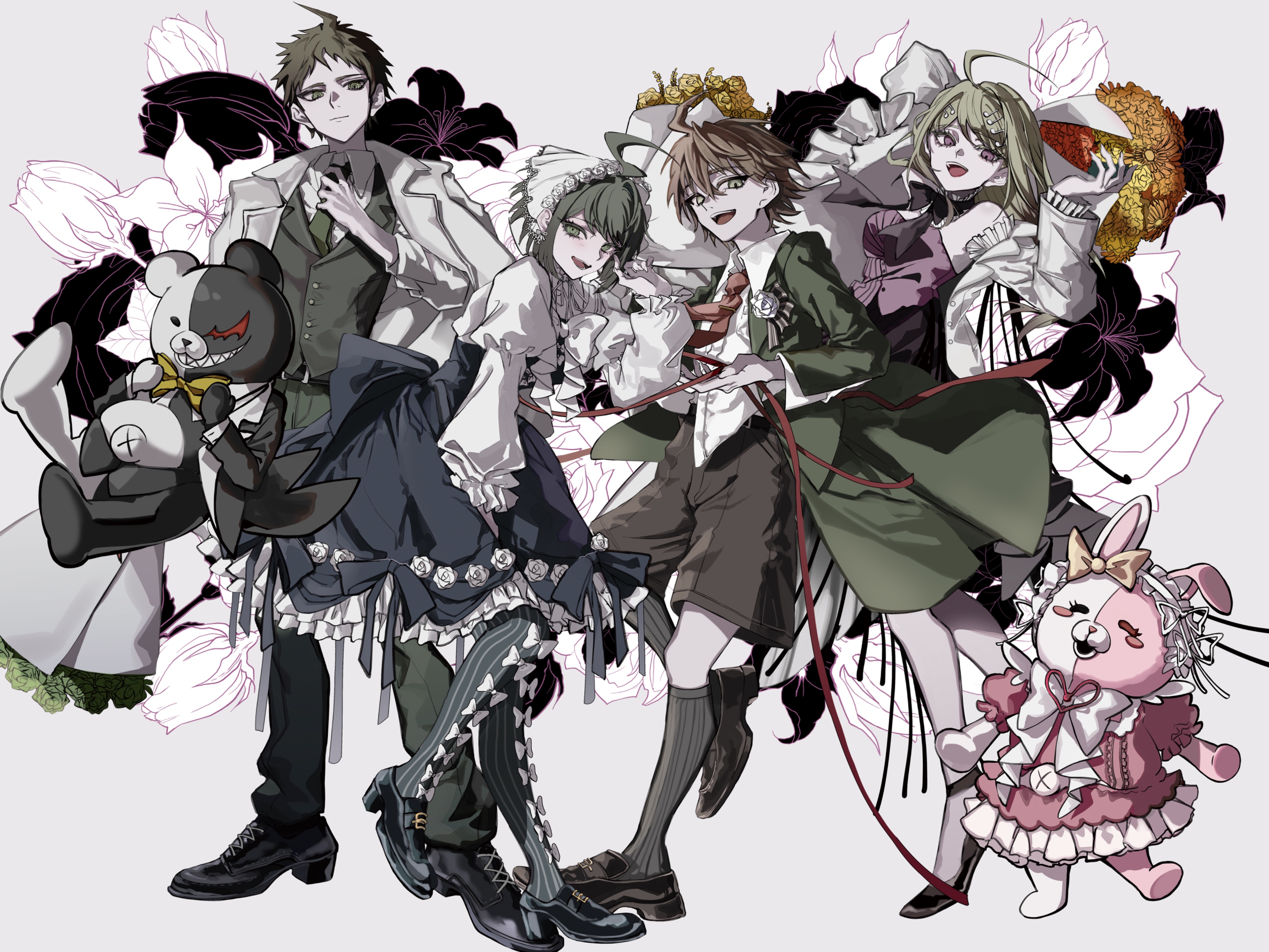 orihara (ewkkyorhr), akamatsu kaede, hinata hajime, monokuma, monomi (danganronpa), naegi komaru, naegi makoto, danganronpa: trigger happy havoc, danganronpa (series), danganronpa 2: goodbye despair, danganronpa another episode: ultra despair girls, danganronpa v3: killing harmony, absurdres, highres, official art, promotional art, 2boys, 2girls, ahoge, back bow, bare shoulders, belt, belt buckle, black belt, black bow, black shoes, black socks, blonde hair, blue bow, blue dress, blue socks, bouquet, boutonniere, bow, bow legwear, bowtie, brown hair, brown shoes, brown shorts, buckle, chest bow, coat, coat on shoulders, collared shirt, colored eyelashes, dress, flower, fortissimo, frilled sleeves, frills, full body, green coat, green eyes, green flower, green hair, green necktie, green pants, grey background, hair between eyes, hair ornament, hand up, high heels, lapels, loafers, long hair, long skirt, long sleeves, looking at viewer, multiple boys, multiple girls, musical note, musical note hair ornament, necktie, notched lapels, open clothes, open coat, open mouth, pants, purple eyes, purple shirt, purple skirt, red flower, red necktie, shirt, shoes, short hair, shorts, simple background, skirt, sleeveless, sleeveless shirt, smile, socks, striped clothes, striped socks, tie clip, vertical-striped clothes, vertical-striped socks, white bow, white coat, white shirt, wing collar, yellow flower