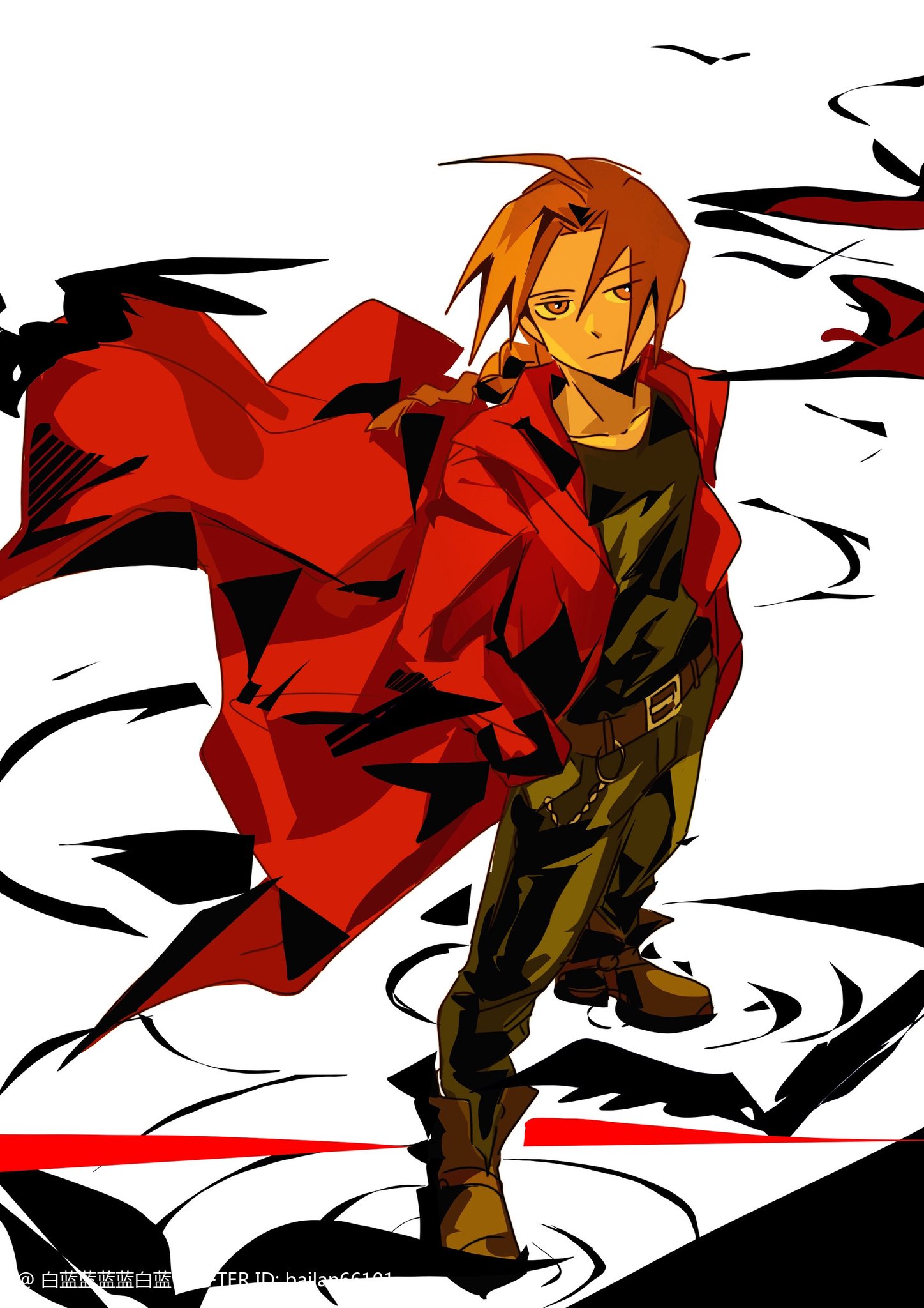 edward elric, fullmetal alchemist, highres, 1boy, ahoge, bailanlam, belt, black pants, black shirt, black tank top, blonde hair, boots, braid, brown belt, brown boots, closed mouth, coat, from above, full body, hands in pockets, long coat, long hair, male focus, pants, parted bangs, red coat, shirt, single braid, solo, tank top, yellow eyes