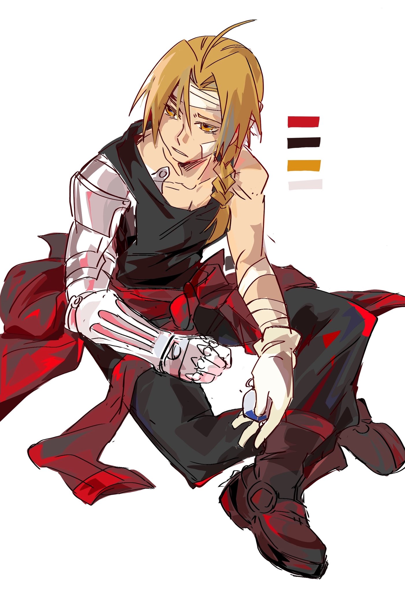 edward elric, fullmetal alchemist, highres, 1boy, ahoge, bailanlam, bandaged arm, bandaged head, bandages, bandaid, bandaid on cheek, bandaid on face, bare shoulders, black pants, black tank top, blonde hair, boots, braid, brown boots, coat, coat around waist, color guide, furrowed brow, gloves, hair over shoulder, long hair, male focus, mechanical arms, pants, parted bangs, parted lips, prosthesis, prosthetic arm, red coat, single braid, single glove, single mechanical arm, sketch, solo, tank top, white background, white gloves, yellow eyes