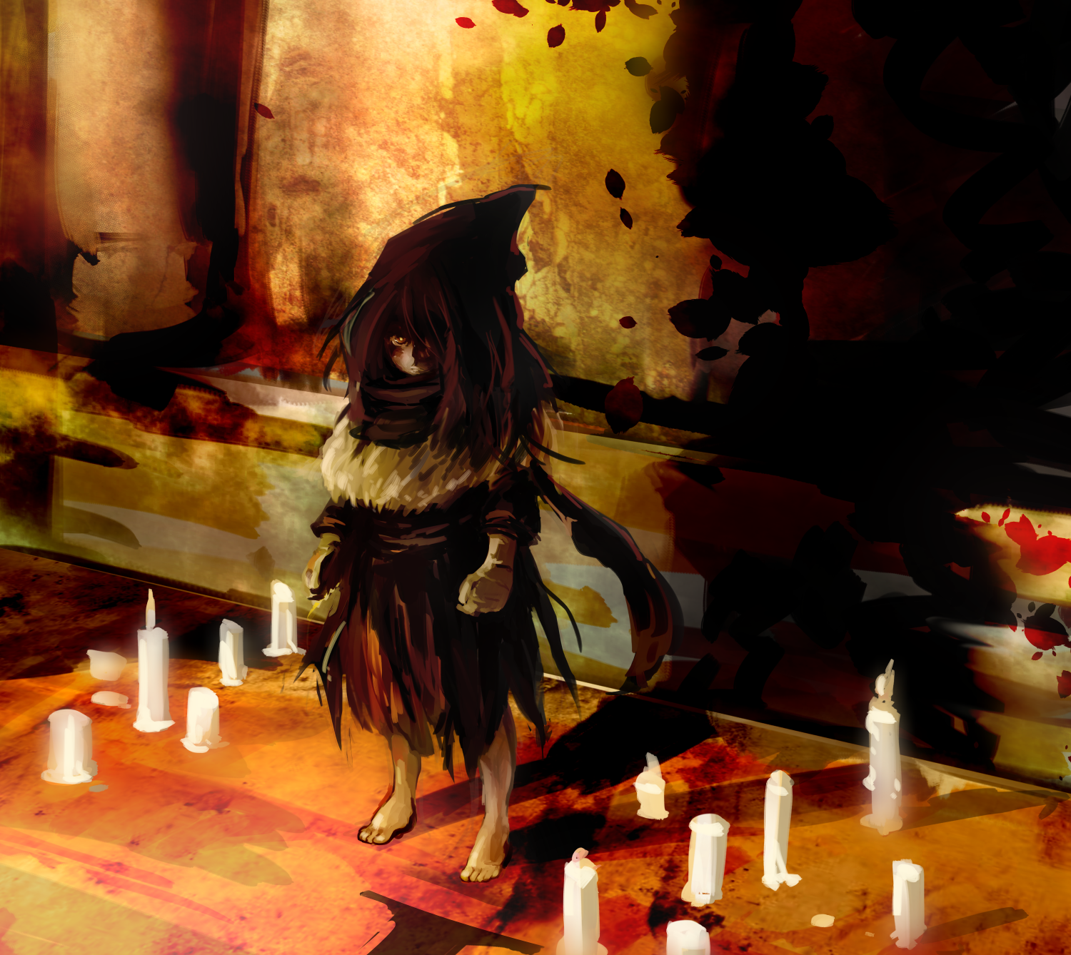 ocha (kinnkonnsousai), dark souls (series), dark souls ii, commentary request, highres, 1boy, barefoot, brown eyes, brown hair, brown hood, brown shirt, candle, closed mouth, full body, hood, hood up, looking at viewer, male focus, shirt, solo, titchy gren