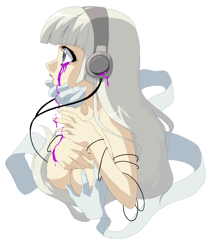 tagme, breasts, disembodied hand, grey eyes, headphones, long hair, nude, open mouth, profile, white hair