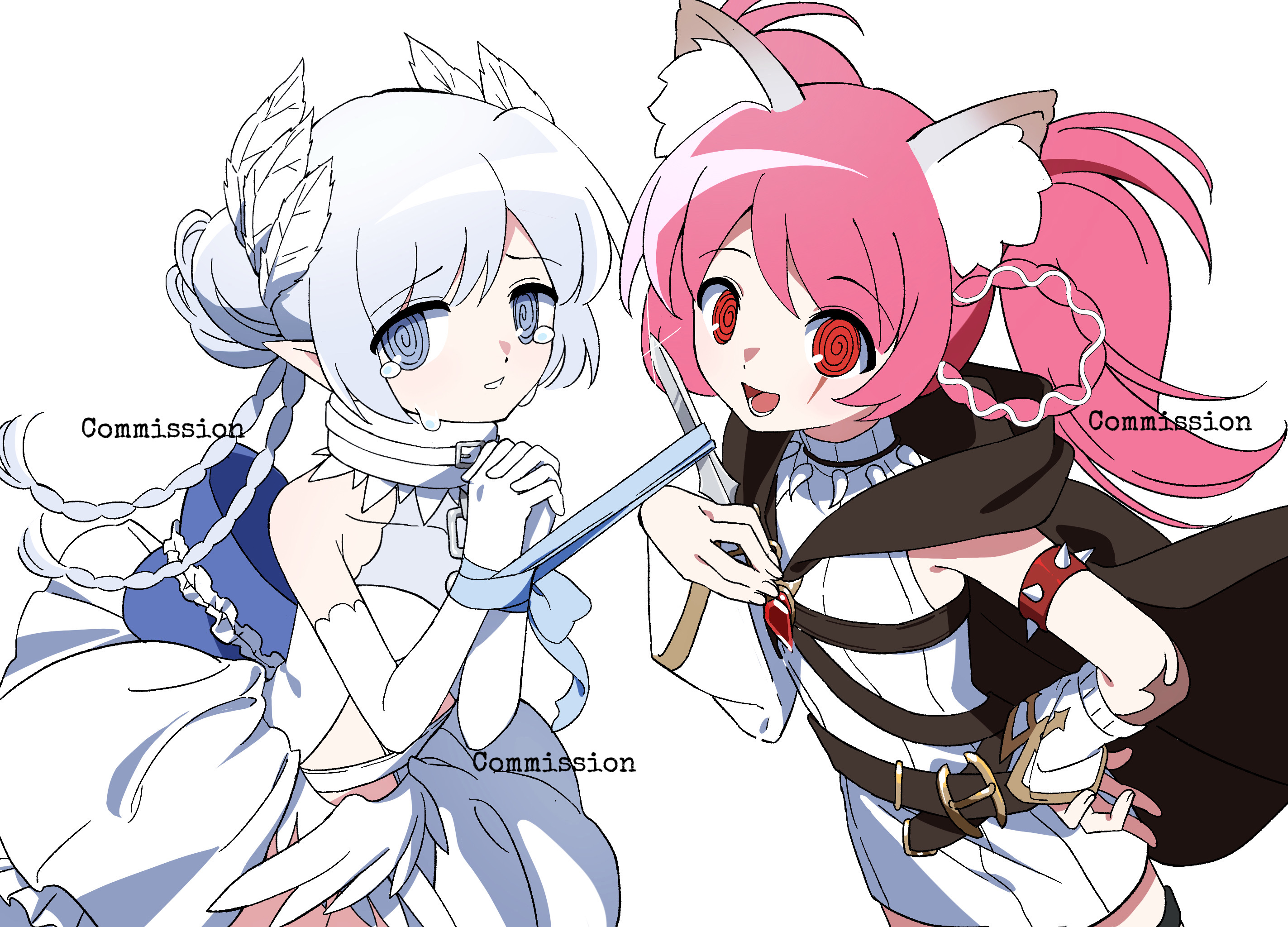 original, highres, 2girls, blue eyes, braid, chunshanchuang, crying, dress, feathers, gloves, multiple girls, pink hair, red eyes, twintails, white dress, white gloves, white hair, yuri