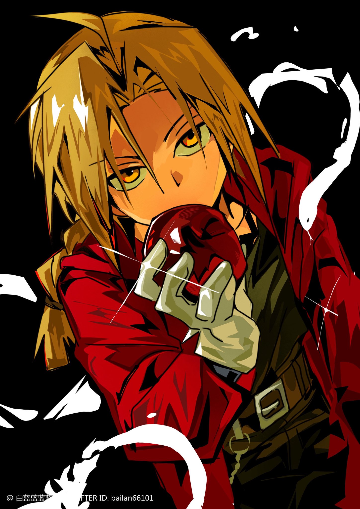 edward elric, fullmetal alchemist, highres, 1boy, ahoge, bailanlam, belt, black pants, black shirt, blonde hair, braid, brown belt, coat, covered mouth, cowboy shot, gloves, hand in pocket, lofter username, long hair, looking at viewer, male focus, pants, parted bangs, philosopher's stone, red coat, shirt, single braid, solo, sparkle, upper body, white gloves, yellow eyes