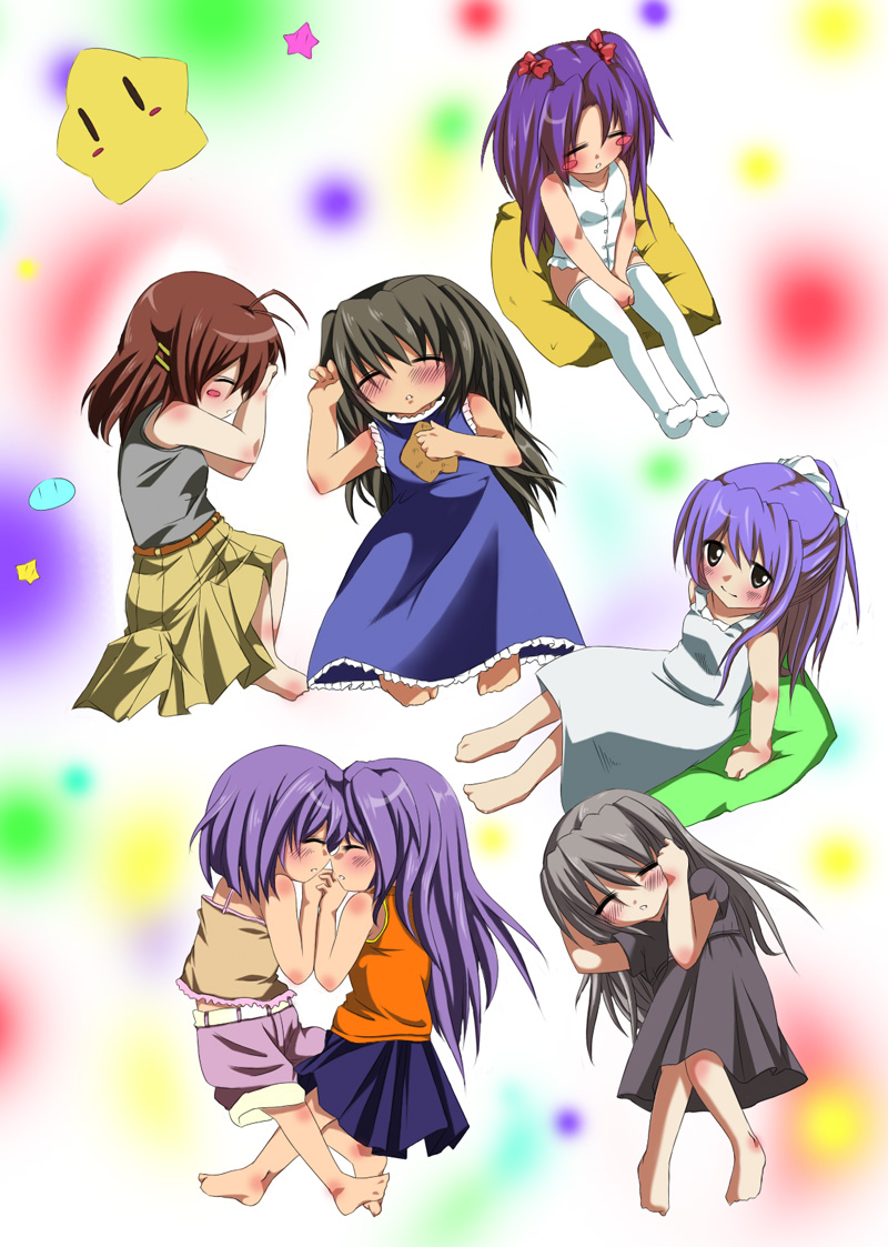 wara p, fujibayashi kyou, fujibayashi ryou, furukawa nagisa, ibuki fuuko, ichinose kotomi, sagara misae, sakagami tomoyo, clannad, 00s, 6+girls, bad anatomy, barefoot, blush, child, feet, multiple girls, poorly drawn, siblings, sisters, sleeping, socks, star (symbol), toes, twins