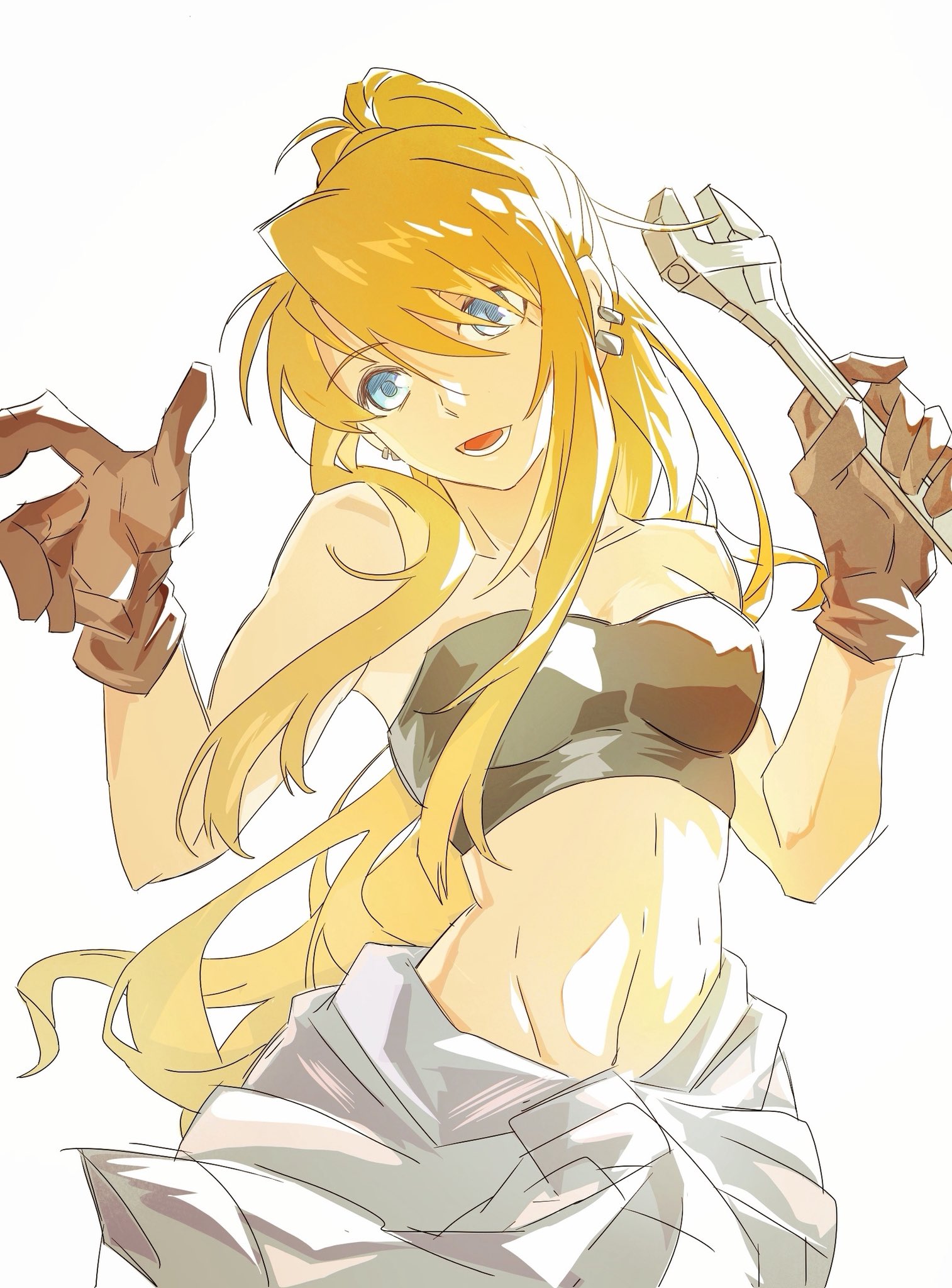 winry rockbell, fullmetal alchemist, highres, 1girl, bailanlam, bare shoulders, black shirt, blonde hair, blue eyes, breasts, brown gloves, clothes around waist, cow, crop top, earrings, gloves, hair between eyes, holding, holding wrench, jewelry, long hair, looking at viewer, medium breasts, midriff, multiple earrings, open mouth, ponytail, shirt, shirt around waist, sidelocks, smile, solo, strapless, tube top, white background, wrench