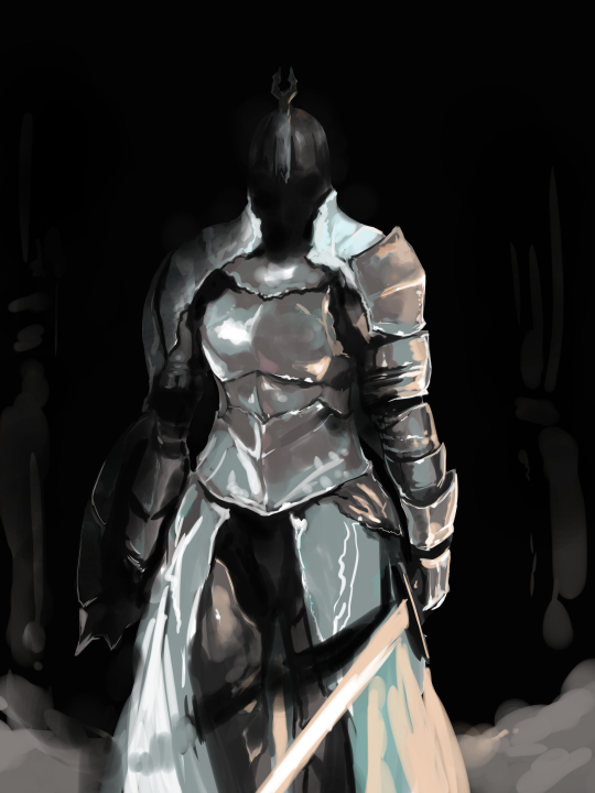 kasutank, dark souls (series), dark souls ii, commentary request, 1girl, armor, breastplate, cowboy shot, faulds, full armor, gauntlets, helm, helmet, holding, holding shield, holding sword, holding weapon, knight, pauldrons, shield, shoulder armor, solo, sword, throne watcher, weapon