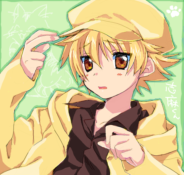 satomi yoshitaka, shima katsuki, clannad, 00s, 1boy, beret, blonde hair, brown eyes, hat, male focus, newsboy cap, oekaki, short hair, solo, upper body, yellow eyes
