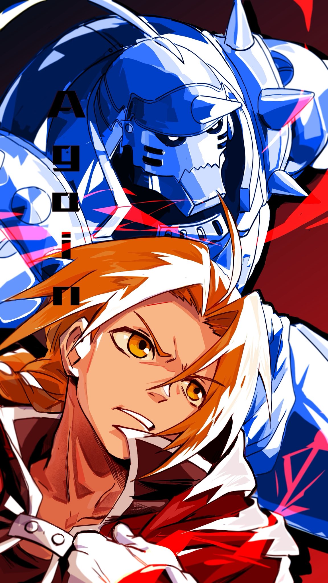 alphonse elric, edward elric, fullmetal alchemist, highres, 2boys, ahoge, armor, bailanlam, black jacket, black sclera, black shirt, blonde hair, braid, brothers, coat, colored sclera, english text, full armor, furrowed brow, gloves, helm, helmet, jacket, long hair, male focus, multiple boys, parted bangs, parted lips, plume, popped collar, red coat, shirt, shoulder spikes, siblings, single braid, spikes, upper body, white eyes, white gloves, yellow eyes