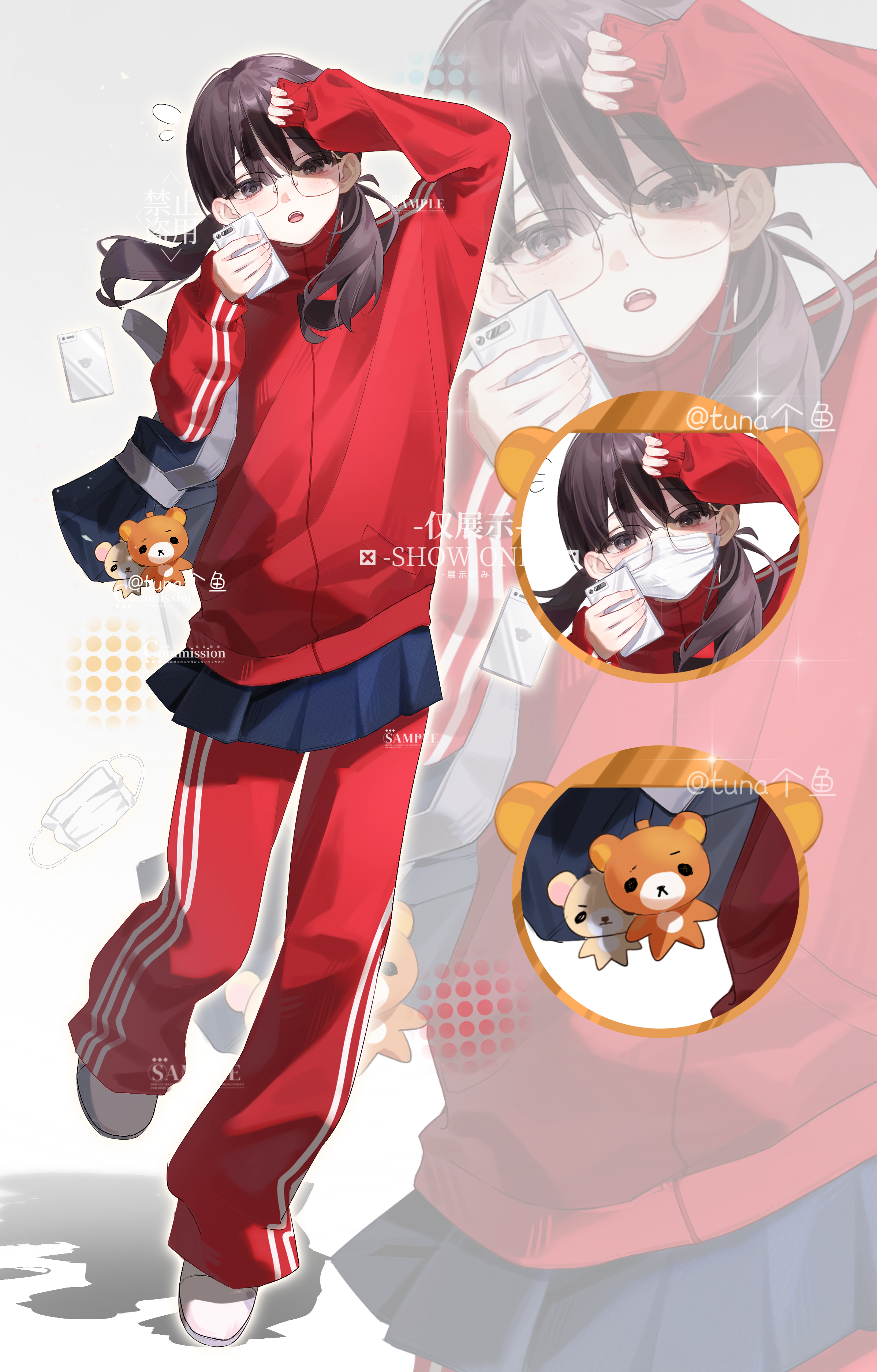 original, absurdres, highres, brown hair, chinese school uniform, full body, glasses, low ponytail, pants, ponytail, red pants, running, school uniform, tuna fish, twintails