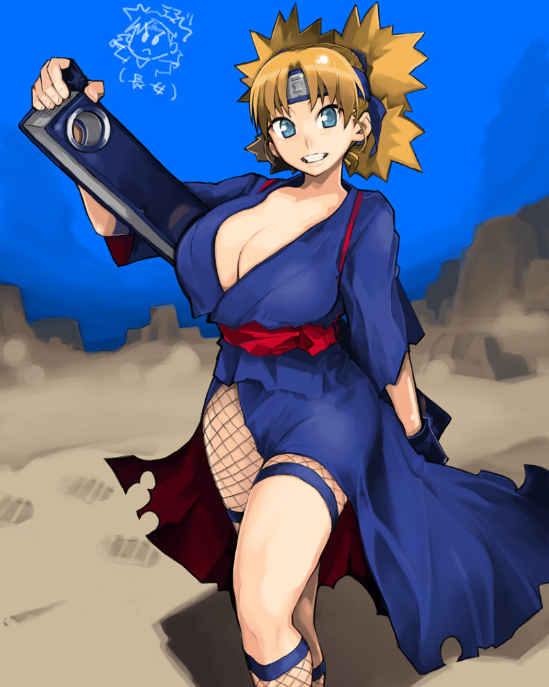 takayama toshinori, temari (naruto), naruto (classic), naruto (series), bad id, bad pixiv id, 1girl, blonde hair, blue eyes, breasts, brown hair, chibi, chibi inset, cleavage, female focus, fishnets, hand fan, headband, huge breasts, large breasts, legs, quad tails, short hair, solo