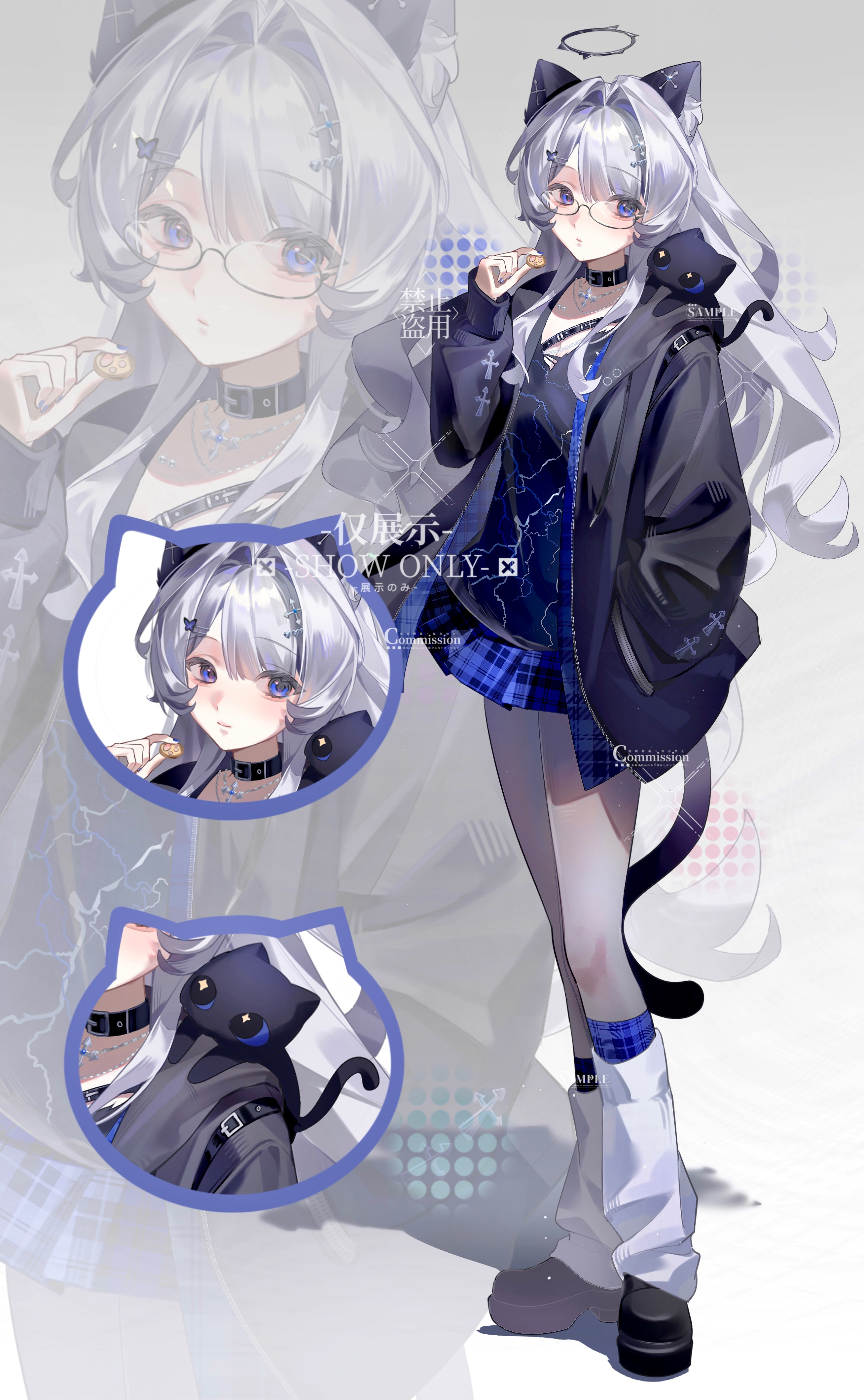 original, absurdres, commission, highres, 1girl, black choker, black socks, blue eyes, choker, full body, long hair, skirt, socks, standing, tuna fish, white hair