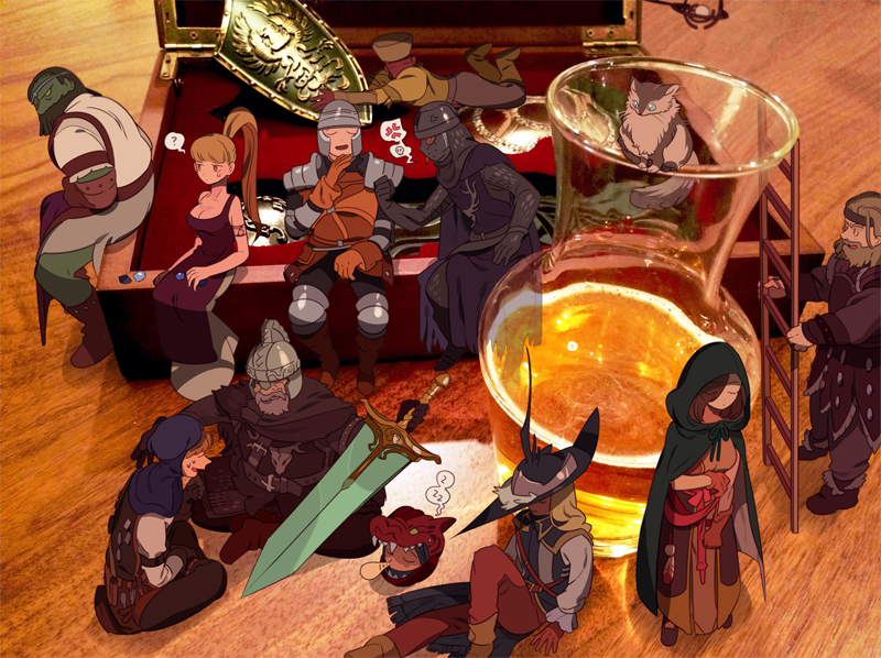 maruco, creighton of mirrah, emerald herald, lucatiel of mirrah, mild mannered pate, stone trader chloanne, sweet shalquoir, dark souls (series), dark souls ii, commentary request, 3girls, 6+boys, armor, beard, benhart of jugo, black dress, black pants, black shirt, black tunic, blacksmith lenigrast, blonde hair, blue eyes, blue hood, boots, brown boots, brown gloves, brown hair, cale the cartographer, cat, chainmail, cloak, closed eyes, closed mouth, colored skin, disembodied head, dress, facial hair, full body, gloves, green cloak, green skin, grey cat, grey hair, hair over one eye, head of vengral, helm, helmet, high ponytail, hood, hood up, hooded cloak, ladder, laddersmith gilligan, maughlin the armorer, moonlight greatsword, multiple boys, multiple girls, nose bubble, open mouth, pants, pauldrons, photo background, ponytail, shield, shirt, short hair, shoulder armor, sitting, sleeveless, sleeveless dress, smile, standing, tunic, undead, zzz