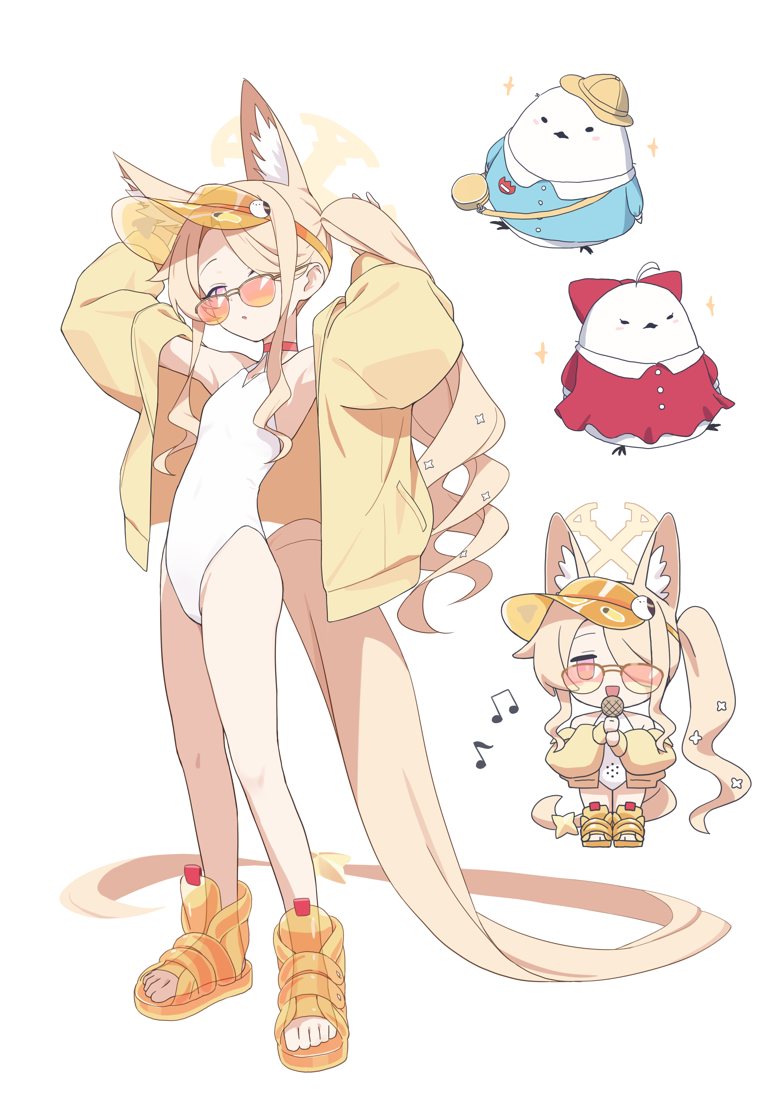 laika (sputnik2nd), seia (blue archive), seia (swimsuit) (blue archive), blue archive, absurdres, highres, 1girl, above-cleavage cutout, animal, animal ear fluff, animal ears, bag, bare shoulders, beamed eighth notes, bird, blonde hair, boots, chibi, chibi inset, clothed animal, clothing cutout, diamond cutout, dress, eighth note, feet, flat chest, fox ears, fox girl, fox tail, full body, halo, hat, highleg, highleg one-piece swimsuit, holding, holding microphone, jacket, kindergarten uniform, long hair, long sleeves, looking at viewer, microphone, music, musical note, off shoulder, official alternate costume, official alternate hairstyle, one-piece swimsuit, open-toe boots, open clothes, open jacket, open mouth, orange-tinted eyewear, parted lips, pink eyes, puffy long sleeves, puffy sleeves, red dress, school hat, side ponytail, simple background, singing, standing, sunglasses, swimsuit, tail, tinted eyewear, toes, very long hair, visor cap, white background, white one-piece swimsuit, yellow boots, yellow halo, yellow hat, yellow jacket