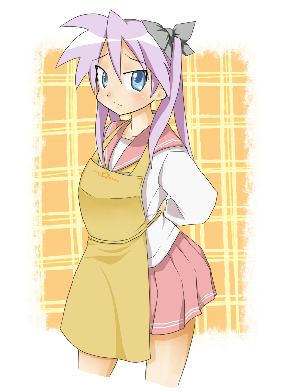 shing (sorairo factory), hiiragi kagami, lucky star, 00s, apron, blue eyes, hair ribbon, purple hair, ribbon, school uniform, serafuku, solo, twintails