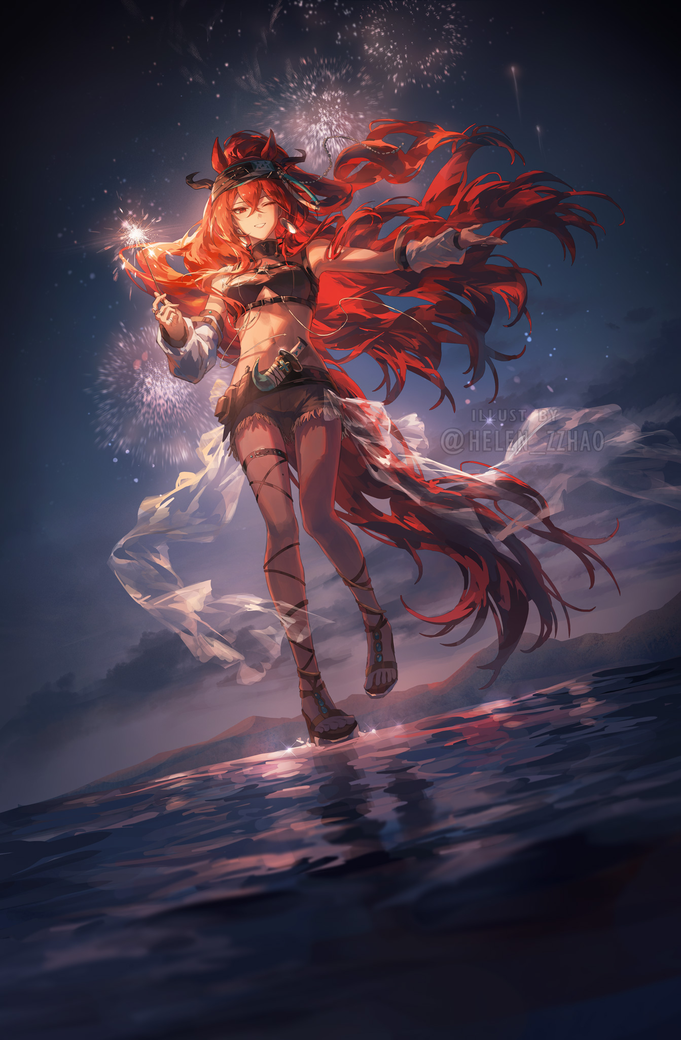 helen zzhao, narantuya (arknights), arknights, commentary, english commentary, highres, 1girl, ;), aerial fireworks, animal ears, bare shoulders, belt, black hairband, breasts, collared shirt, crop top, dagger, dusk, earrings, fireworks, floating hair, from below, full body, grey shirt, grey shorts, hair between eyes, hairband, holding, holding fireworks, horse ears, horse girl, horse tail, jewelry, knife, long hair, long tail, looking at viewer, medium breasts, midriff, mole, mole on thigh, mountainous horizon, multiple rings, navel, night, night sky, on water, one eye closed, open hand, outstretched arm, red eyes, red hair, red tail, ring, sandals, see-through clothes, shirt, short shorts, shorts, sky, sleeveless, sleeveless shirt, smile, solo, sparkle, sparkler, standing, standing on one leg, tail, thigh belt, thigh strap, tool belt, very long hair, watermark, weapon, wedge heels, white arm warmers