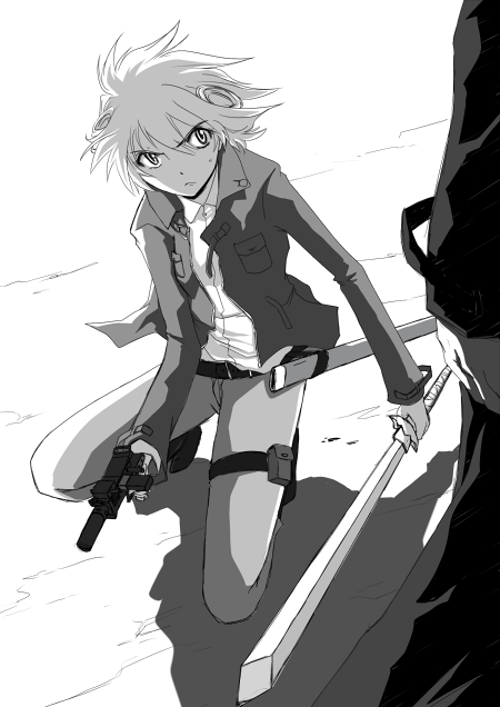 yuuki (yuuki333), cleo everlastin, majutsushi orphen, 1girl, female focus, greyscale, gun, monochrome, short hair, solo, sword, weapon