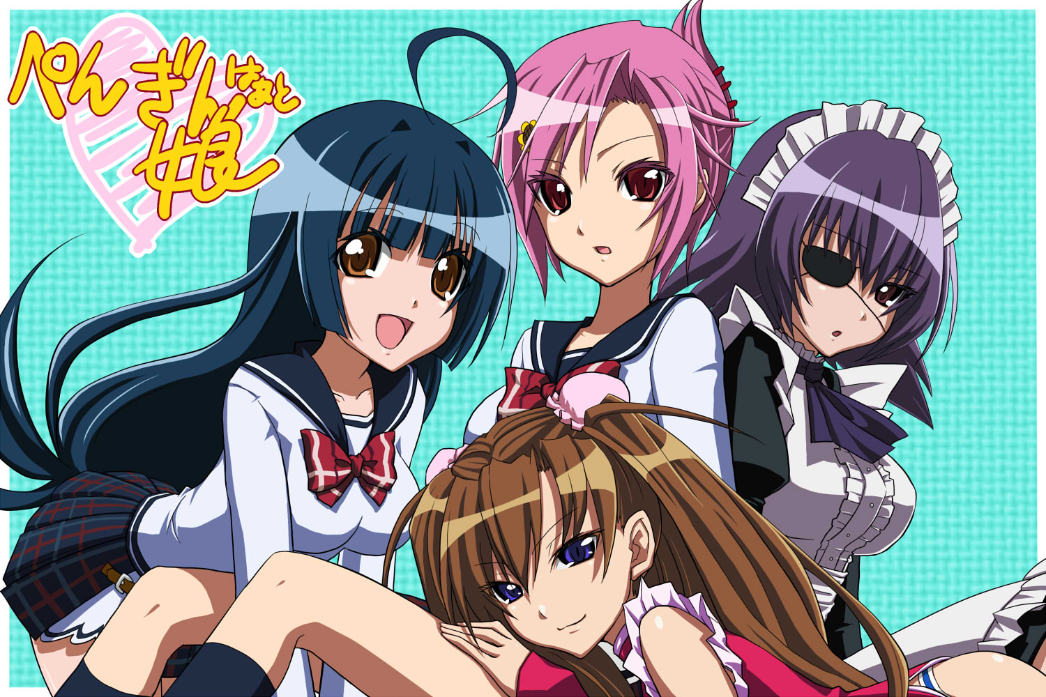 yuu (derodero), cha chi, etorofu kujira, hoojiro maguro, kongou no maguro, nankyoku sakura, penguin musume, bad id, bad pixiv id, 00s, 4girls, :d, ahoge, blue background, blush, bow, bowtie, breasts, brown hair, frills, long hair, long sleeves, looking at viewer, maid headdress, multiple girls, open mouth, pink eyes, pink hair, red bow, red bowtie, short hair, simple background, smile, tareme, upper body, very long hair