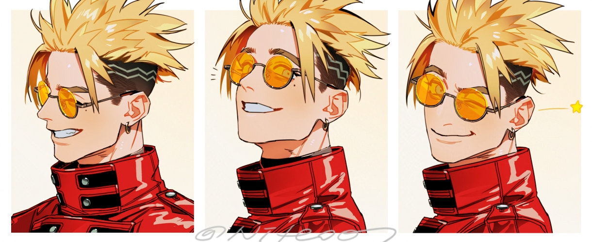 niteo07, vash the stampede, trigun, 1boy, blonde hair, border, closed eyes, closed mouth, coat, earrings, grin, jewelry, looking at viewer, male focus, mole, mole under eye, multiple views, one eye closed, parted bangs, parted lips, red coat, round eyewear, short hair, smile, solo, spiked hair, sunglasses, teeth, undercut, white border
