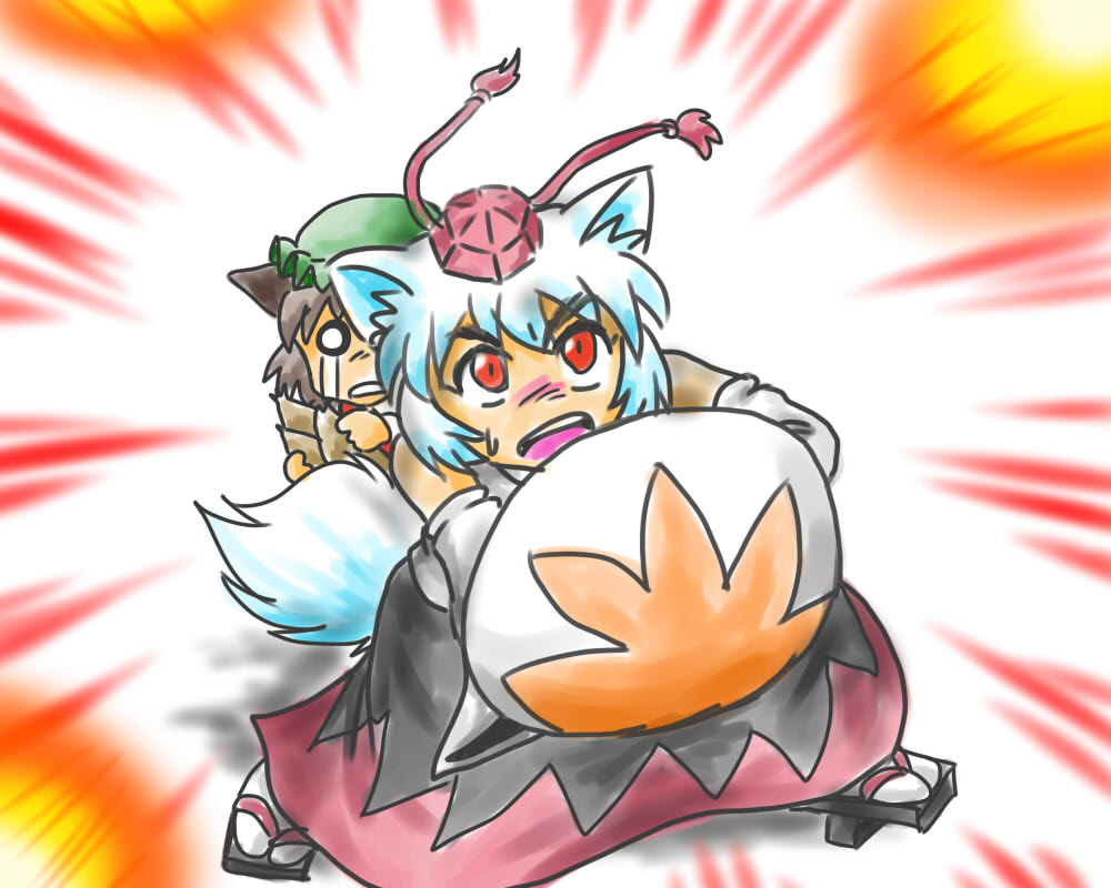 bit (kksbit), chen, inubashiri momiji, touhou, bit, silver hair, bad id, bad pixiv id, 2girls, animal ears, bare shoulders, brown hair, cat ears, cat girl, detached sleeves, female focus, geta, hat, multiple girls, o o, open mouth, red eyes, sandals, shield, short hair, tail, tears, tengu-geta, tokin hat, wolf ears, wolf tail