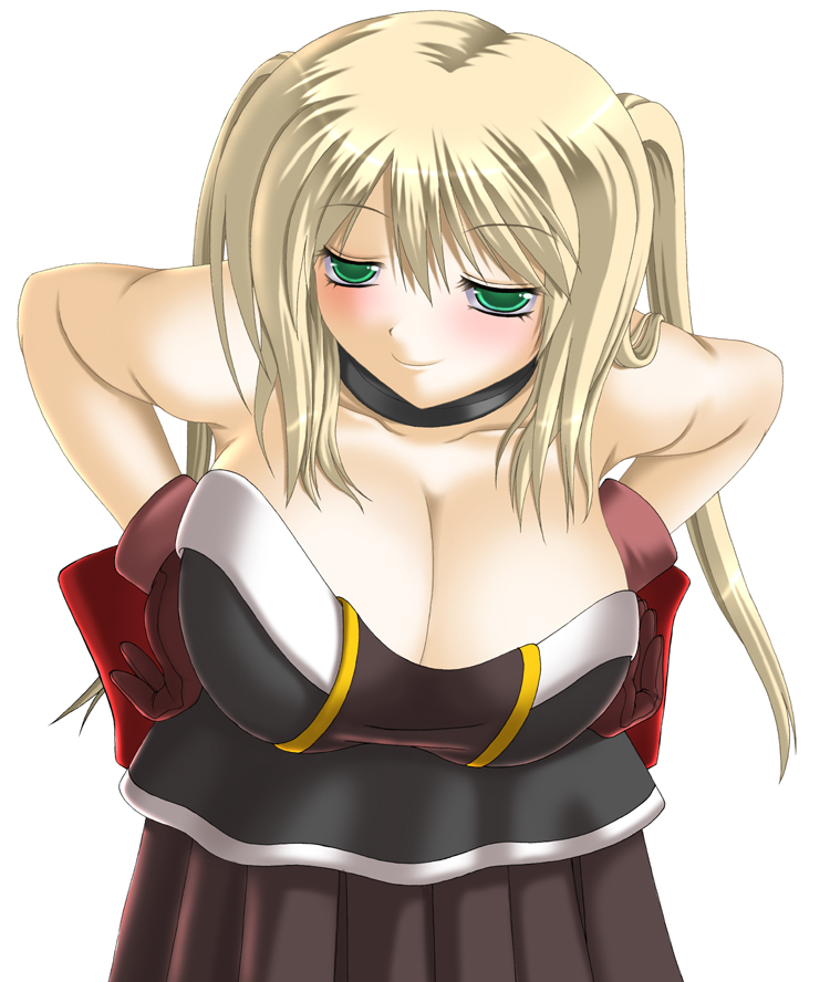 asamura hiori, original, bad id, bad pixiv id, character request, source request, 1girl, bare shoulders, bent over, blonde hair, blush, breasts, cleavage, female focus, gloves, green eyes, hands on own hips, huge breasts, long hair, naughty face, solo