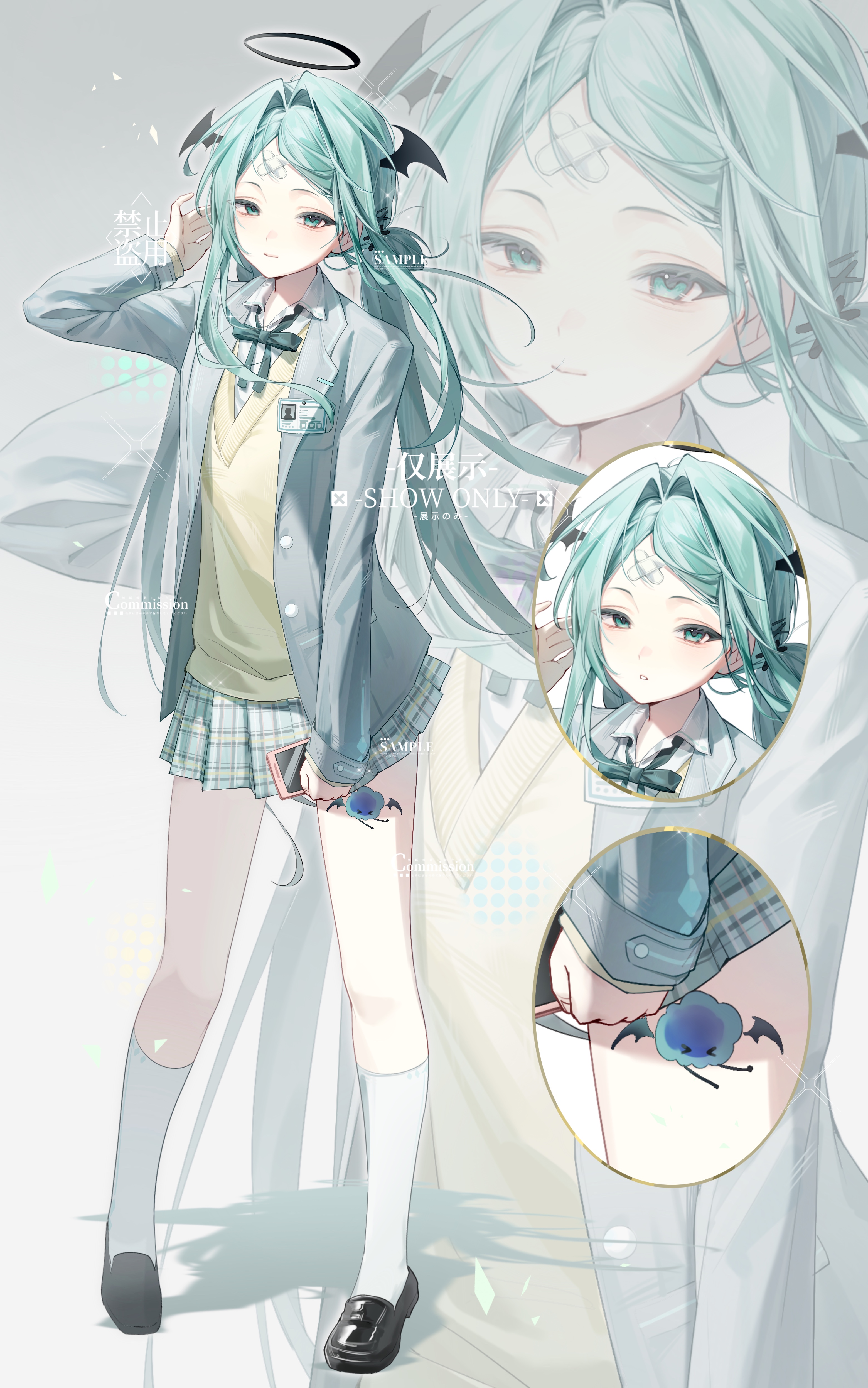 original, absurdres, highres, bat wings, full body, green eyes, grey hair, long hair, pleated skirt, skirt, socks, standing, tuna fish, white socks, wings