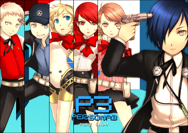 saeuchobab, tonkotsu ra-men, tonkotsu ramen, aigis (persona), iori junpei, kirijou mitsuru, sanada akihiko, takeba yukari, yuuki makoto (persona 3), atlus, persona, persona 3, bad id, bad pixiv id, 3boys, 3girls, evoker, gun, gun to head, holding, holding gun, holding weapon, multiple boys, multiple girls, ribbon, s.e.e.s, school uniform, weapon