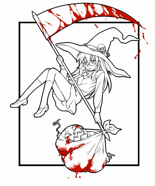 mosha, amamiya sakurako, psyren, 1girl, blood, female focus, glasses, halloween, hat, jack-o'-lantern, monochrome, panties, pumpkin, scythe, shoes, skull, socks, solo, spot color, underwear, witch hat