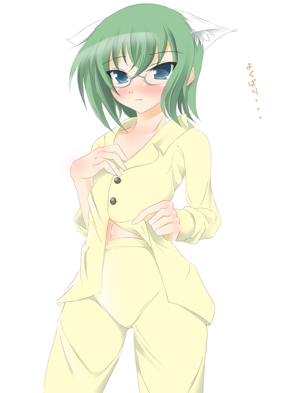 kuro inu, kuroinu (sonoba shinogi), iwasaki minami, lucky star, 00s, 1girl, animal ears, blue eyes, cat ears, female focus, glasses, green hair, short hair, simple background, solo