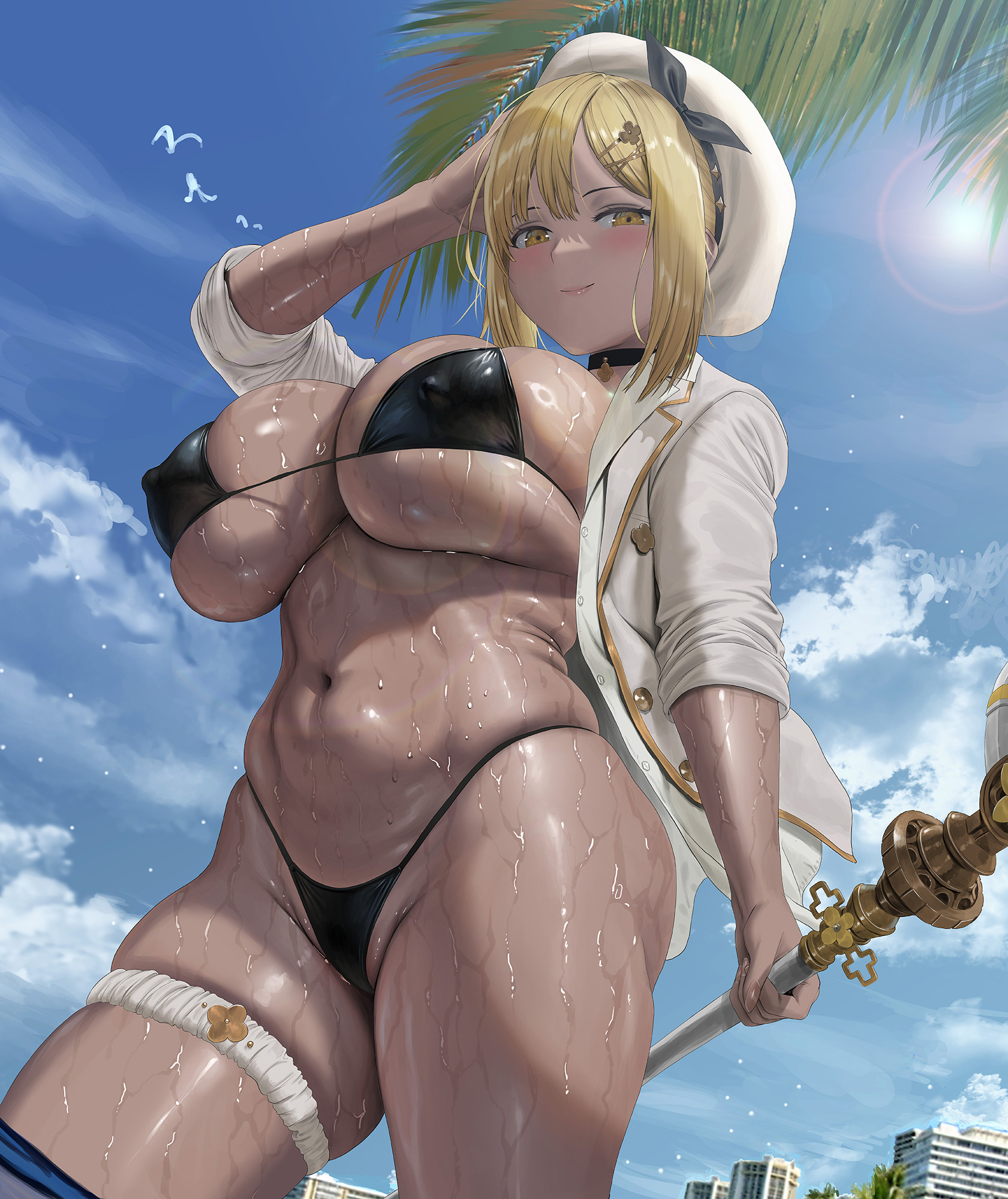 jeneral, reisalin stout, atelier (series), atelier ryza, highres, 1girl, alternate hair color, beret, bikini, black bikini, blonde hair, blue sky, blush, breasts, cleavage, hat, jacket, large breasts, long sleeves, looking at viewer, navel, short hair, sidelocks, sky, smile, solo, staff, swimsuit, tan, thick thighs, thighs, white jacket, yellow eyes
