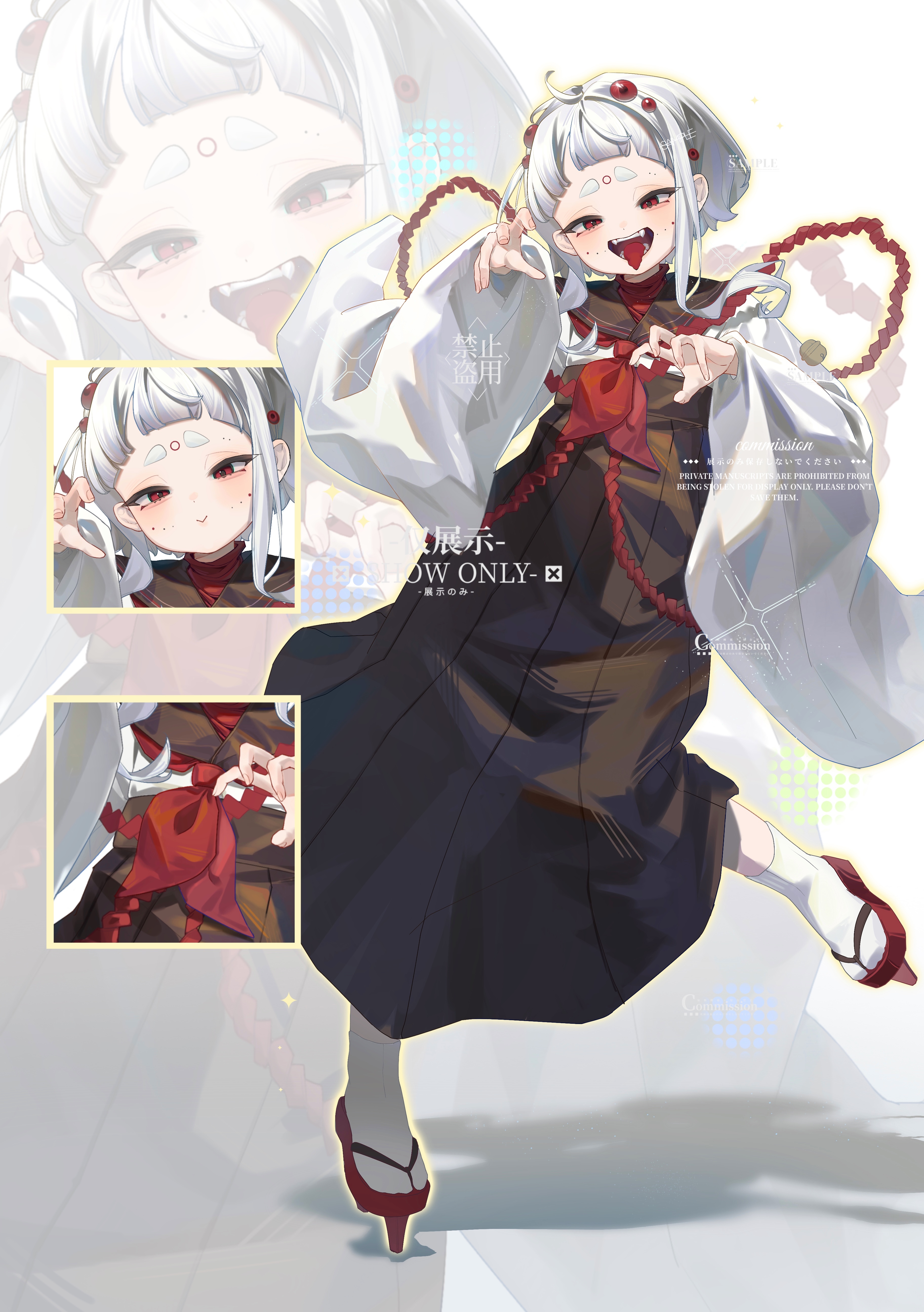 original, absurdres, highres, black dress, blush, clogs, dress, full body, japanese clothes, kimono, open mouth, red eyes, smile, socks, tuna fish, white hair, white socks
