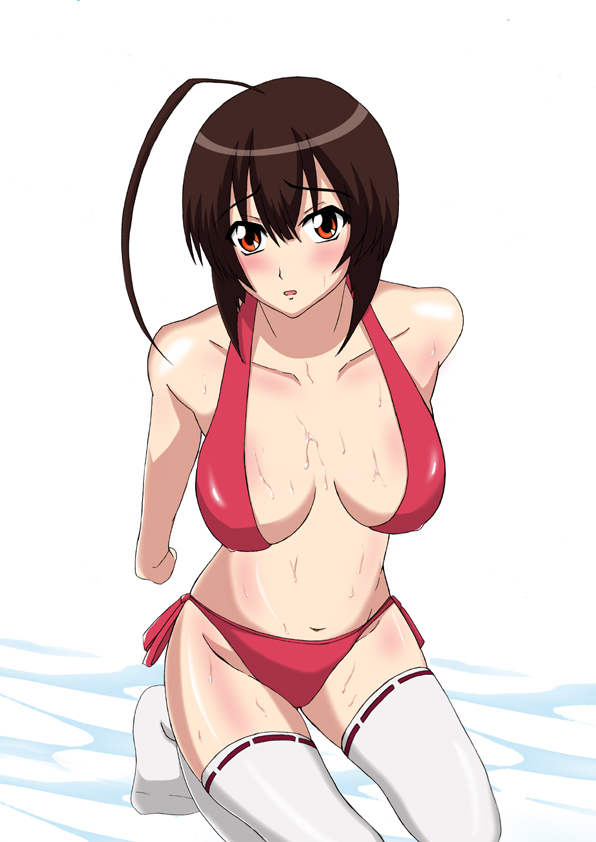 muku, musubi, sekirei, 00s, 1girl, ahoge, arms behind back, bikini, black hair, blush, breasts, female focus, kneeling, large breasts, orange eyes, red bikini, side-tie bikini bottom, solo, sweat, swimsuit, thighhighs, white thighhighs
