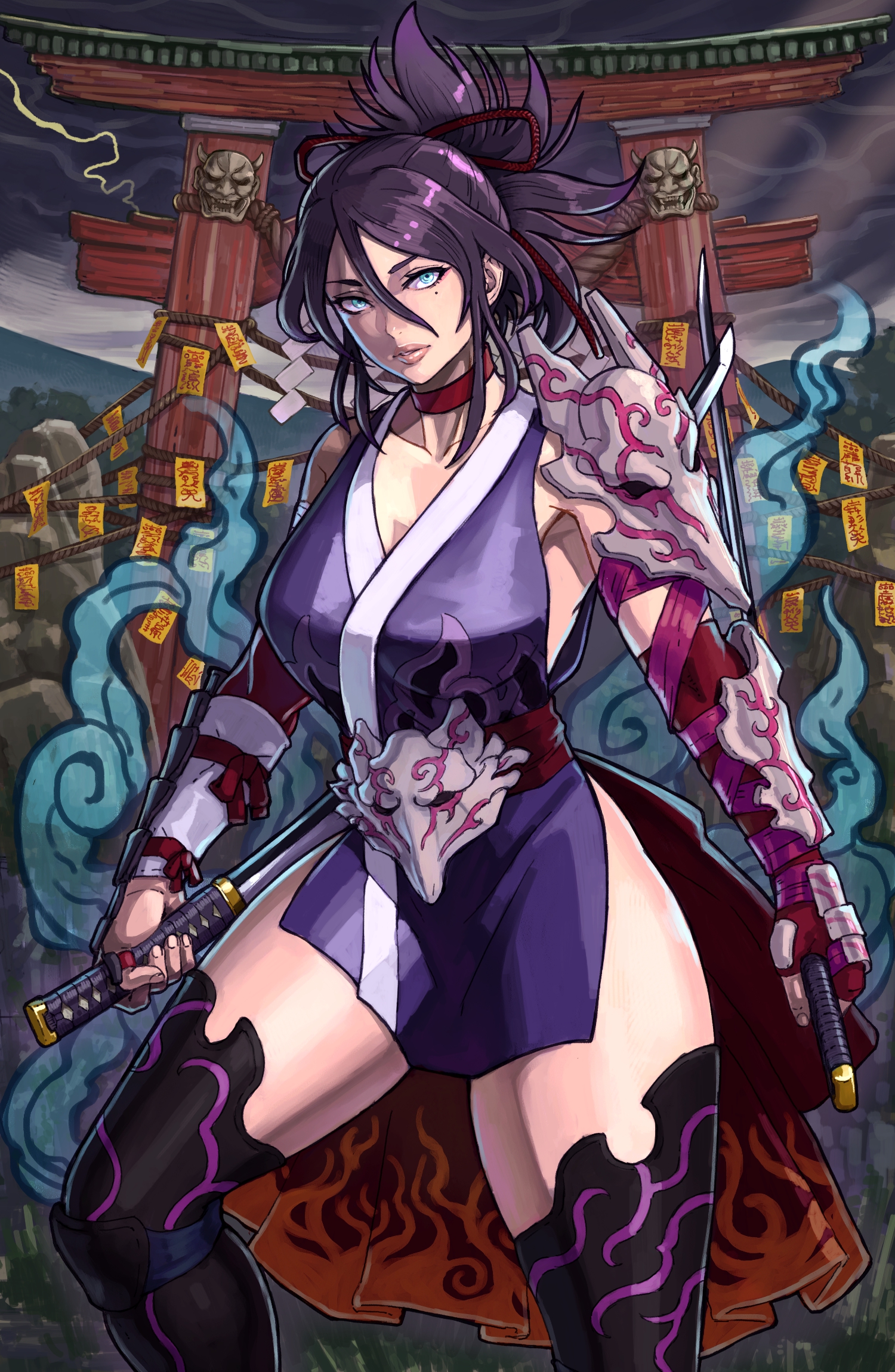 raikou (yorimitsu), getsu fuuma den, commentary request, highres, 1girl, black thighhighs, blue eyes, breasts, choker, cloud, cloudy sky, dark cloud, dual wielding, elbow gloves, feet out of frame, getsu renge, gloves, hair between eyes, holding, holding behind back, holding sword, holding sword behind back, holding weapon, holding weapon behind back, japanese clothes, kimono, knee guards, large breasts, lightning, lips, long hair between eyes, looking at viewer, mole, mole under eye, ofuda, outdoors, parted lips, pink ribbon, purple hair, purple kimono, red choker, red gloves, red sash, ribbon, rock, rope, sash, short hair, short kimono, single elbow glove, single glove, sky, sleeveless, sleeveless kimono, solo, split ponytail, standing, sword, thighhighs, torii, vambraces, waist sash, weapon