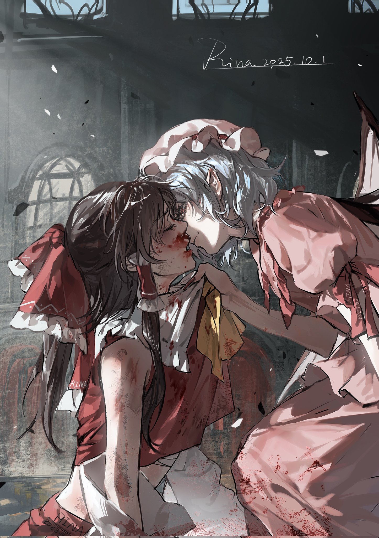 aihara-rina, hakurei reimu, remilia scarlet, touhou, chinese commentary, highres, 2girls, ascot, black hair, blood, blood on arm, blood on face, blue hair, bow, chest sarashi, closed mouth, clothes grab, collar grab, collared shirt, dated, detached sleeves, frilled bow, frilled hair tubes, frills, from side, hair bow, hair tubes, hat, imminent kiss, injury, long hair, mob cap, multiple girls, neckwear grab, pink hat, pink shirt, pink skirt, puffy short sleeves, puffy sleeves, red bow, red eyes, red skirt, sarashi, shirt, short hair, short sleeves, signature, skirt, sleeveless, sleeveless shirt, window, yellow ascot, yuri