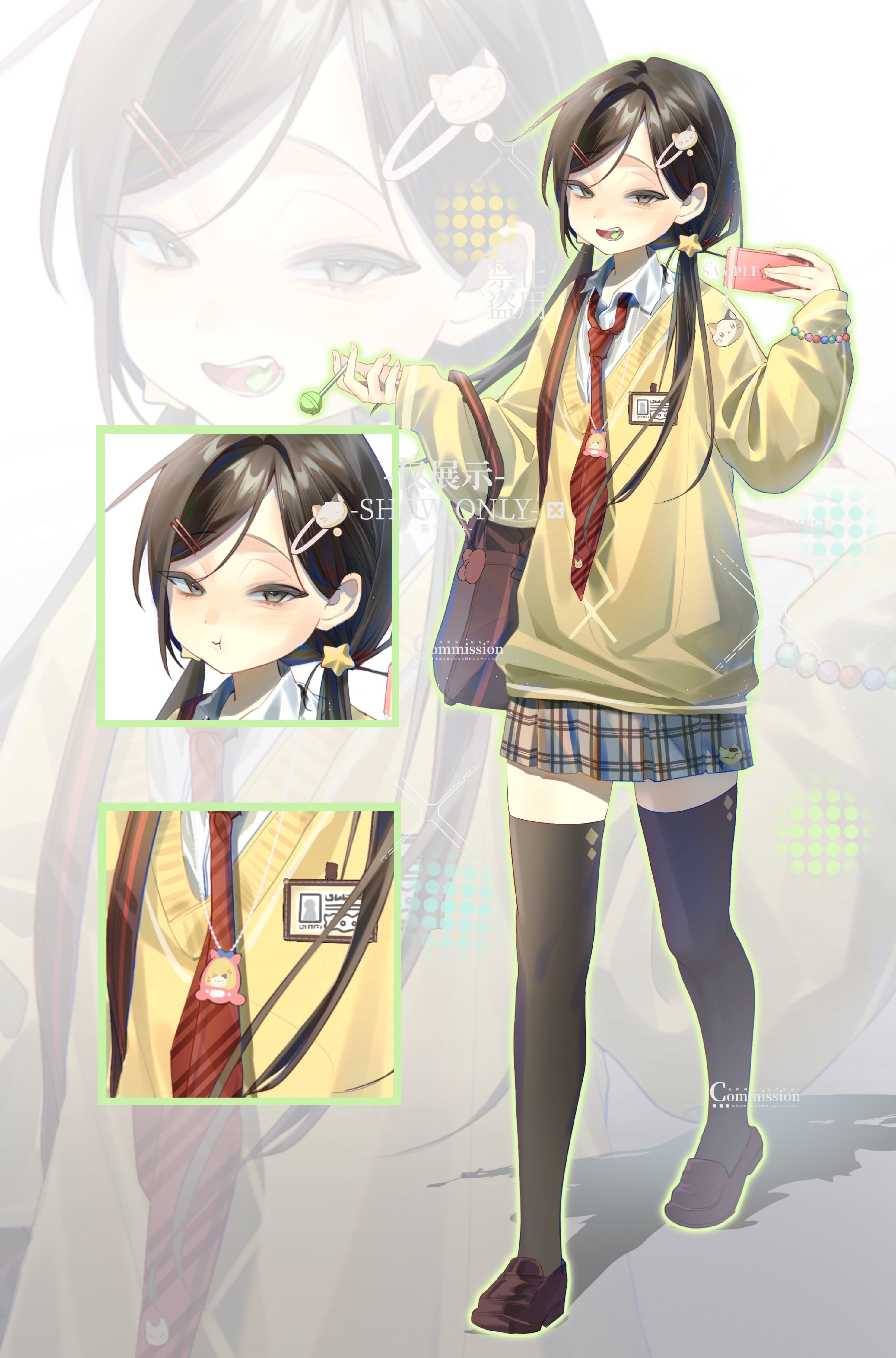 original, absurdres, highres, black hair, black socks, full body, kneehighs, low ponytail, pleated skirt, ponytail, skirt, socks, tuna fish, twintails