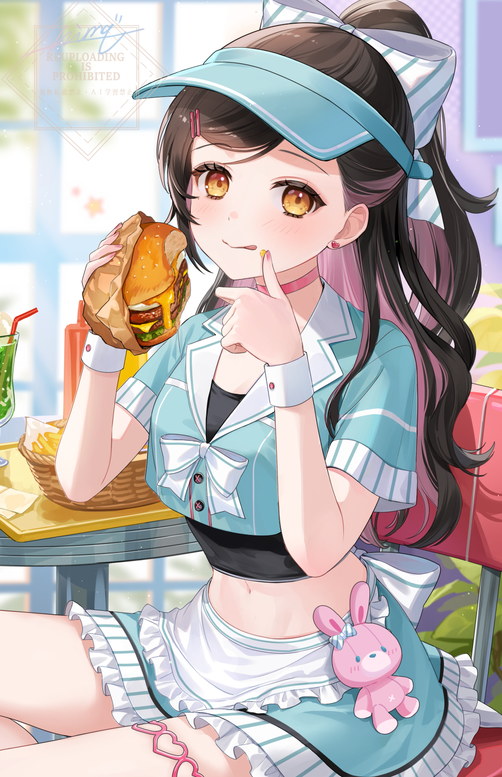 nima (niru54), original, highres, 1girl, :q, apron, aqua shirt, aqua skirt, black hair, bow, burger, choker, closed mouth, collared shirt, crop top, food, frilled skirt, frills, hair bow, hands up, holding, holding food, long hair, looking at viewer, midriff, miniskirt, multicolored hair, navel, orange eyes, pink choker, pink hair, ponytail, shirt, short sleeves, sitting, skirt, smile, solo, stomach, tongue, tongue out, two-tone hair, undershirt, visor cap, waist apron, wrist cuffs