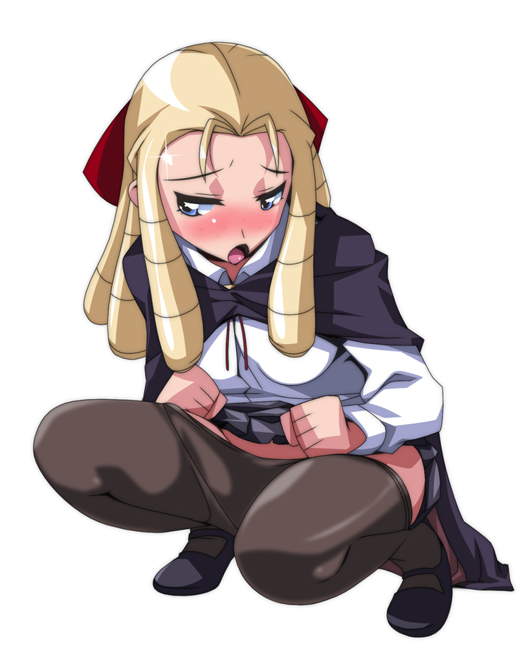 ariyon, montmorency margarita la fere de montmorency, zero no tsukaima, 00s, 1girl, blonde hair, blue eyes, blush, cape, clothes lift, clothes pull, female focus, freckles, hair slicked back, no panties, open mouth, pantyhose, pantyhose pull, skirt, skirt lift, solo, squatting