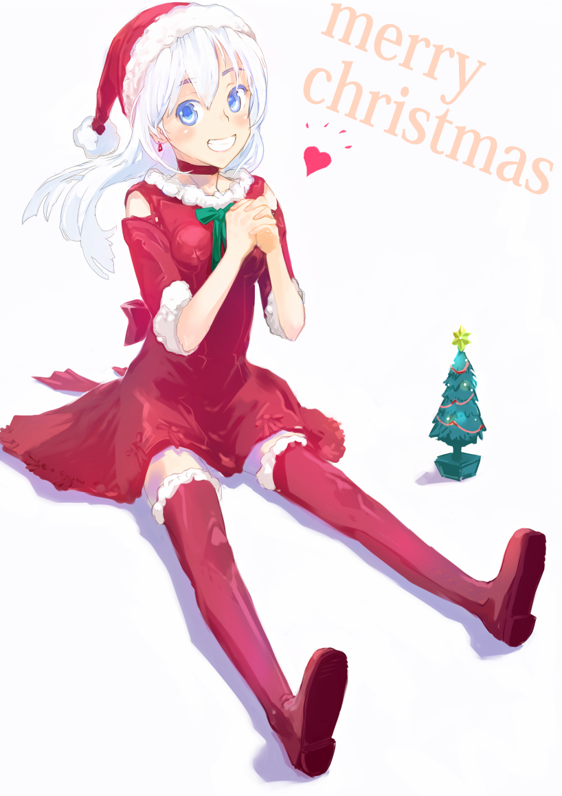 nimirom, original, commentary request, 1girl, back bow, blue eyes, blush, boots, bow, breasts, choker, clothing cutout, double-parted bangs, dress, earrings, floating hair, full body, fur-trimmed boots, fur-trimmed dress, fur-trimmed headwear, fur trim, green bow, grin, hair between eyes, hands up, hat, heart, interlocked fingers, jewelry, long hair, looking at viewer, looking to the side, medium breasts, merry christmas, mini christmas tree, on floor, open mouth, outstretched legs, own hands together, pom pom (clothes), raised eyebrows, red boots, red bow, red choker, red dress, red hat, santa costume, santa hat, shadow, shoe soles, short dress, short sleeves, shoulder cutout, sideways glance, simple background, sitting, smile, solo, thigh boots, thighhighs, white background, white hair, zettai ryouiki